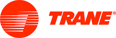 The image features the Trane logo with a red circle and stylized white lines, alongside the word 'TRANE' in bold red letters.