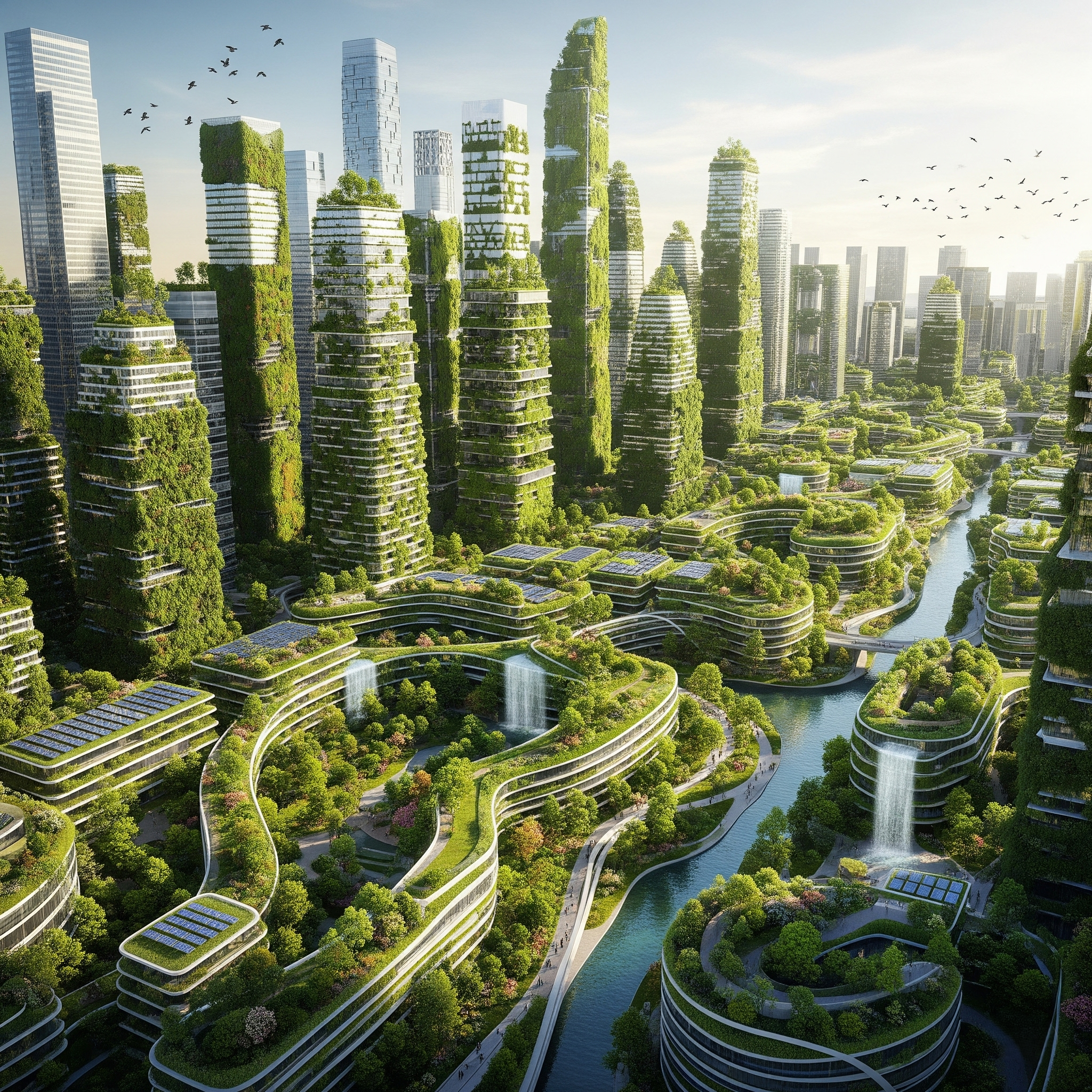 Ritratto di una città futuristica con grattacieli ricoperti di vegetazione, ponti e corsi d'acqua tra l'edifici, con uccelli nel cielo.