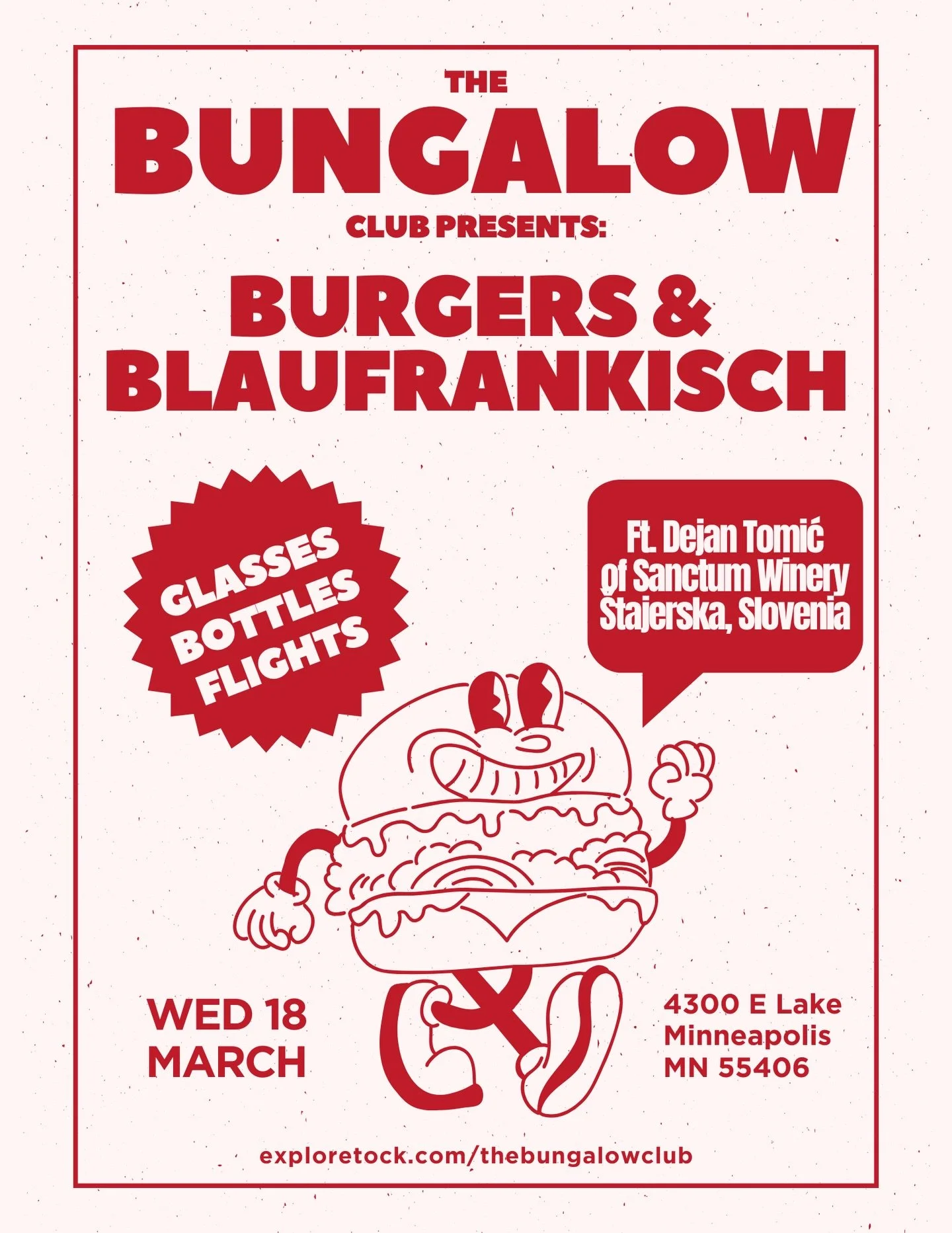 Next Wednesday it&rsquo;s burgers &amp; Blaufr&auml;nkisch at The Bungalow Club. Dejan Tomić from Sanctum Winery is in town from Slovenia to pour glasses, suggest bottles, and take you through flights. March 11, all night, reservation link in bio. We