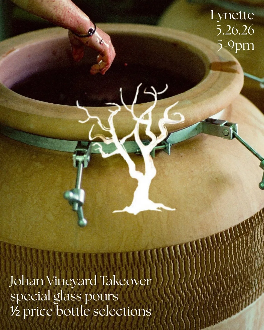 Join us at Lynette on Tuesday, May 26 from 5-9pm as Kyle Hall from Johan Vineyards takes over the night with special glass pours and half price bottles selections. 

Johan Vineyards is a Demeter&reg; certified, Biodynamic&reg; estate vineyard and win