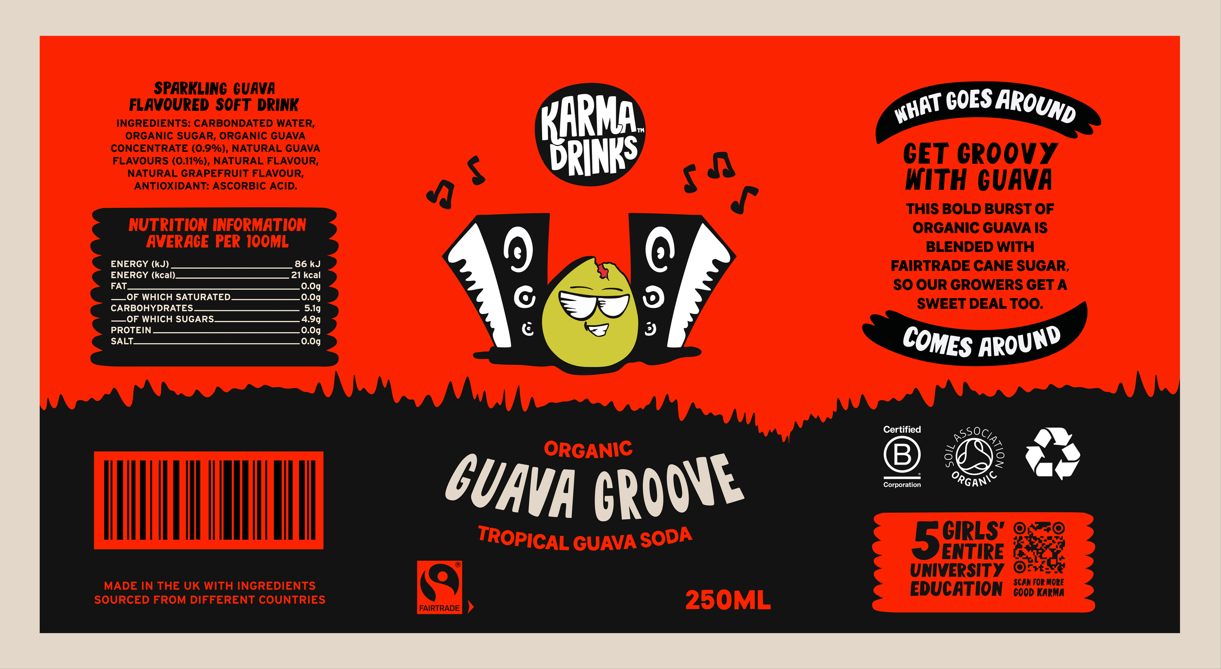 Bright red and black beverage label for 'Karma Drinks' tropical guava soda featuring a cartoon character with sunglasses, musical notes, and text promoting organic guava flavor and fairtrade ingredients.