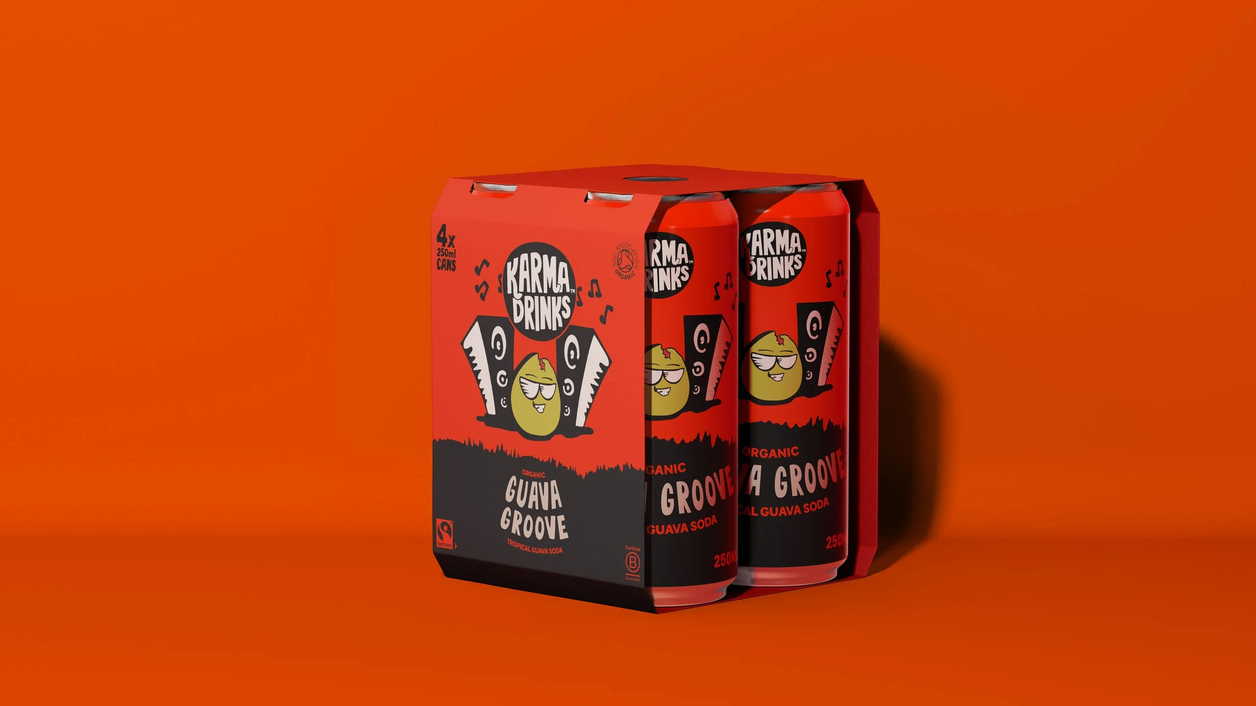 A pack of four organic guava ginger soda cans in a red and black box with a cartoon guava character, set against an orange background.