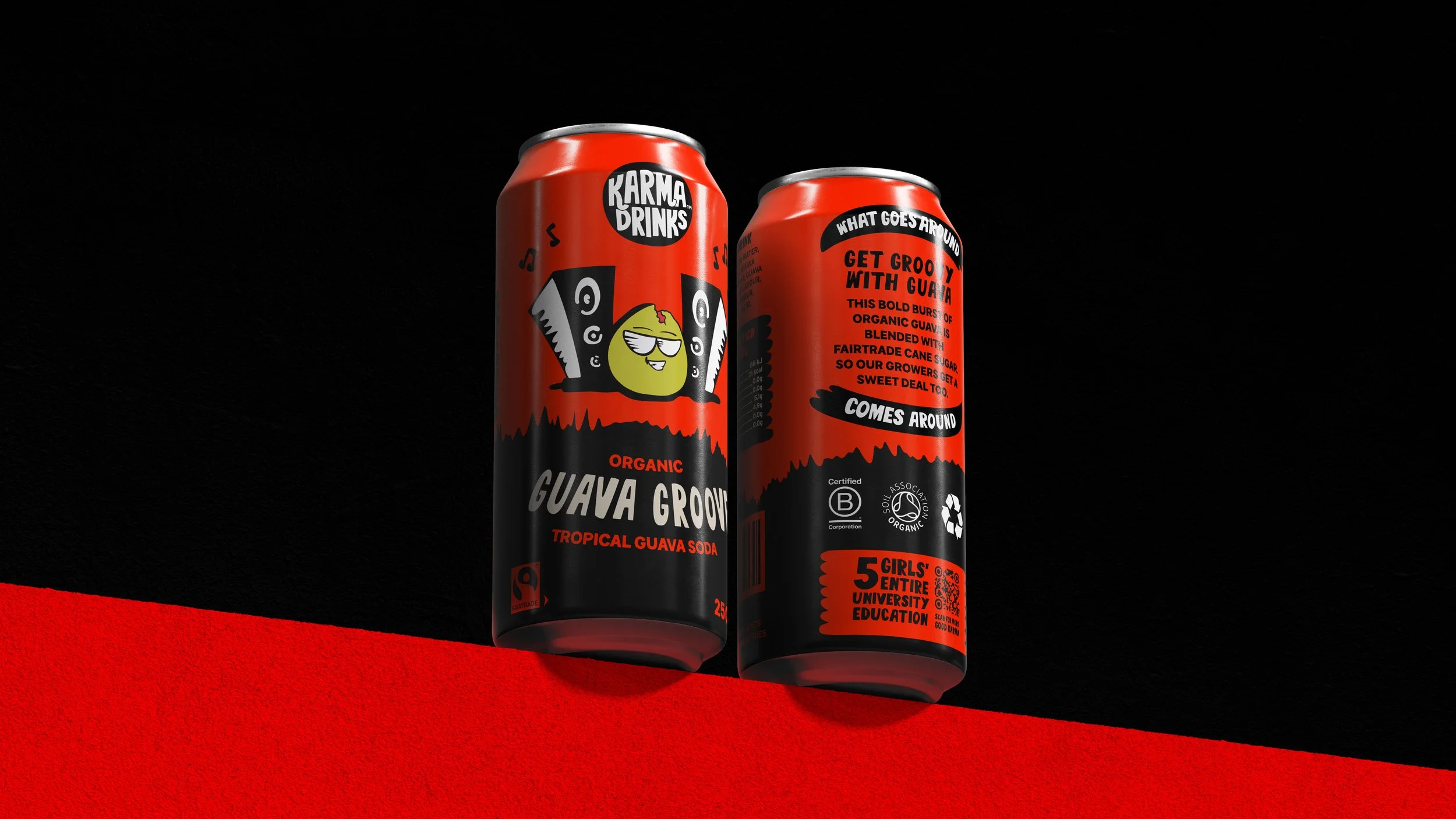 Two cans of Karma Drinks organic guava soda with red, black, and white packaging, featuring a cartoon guava character, set against a black background with a red textured surface beneath.