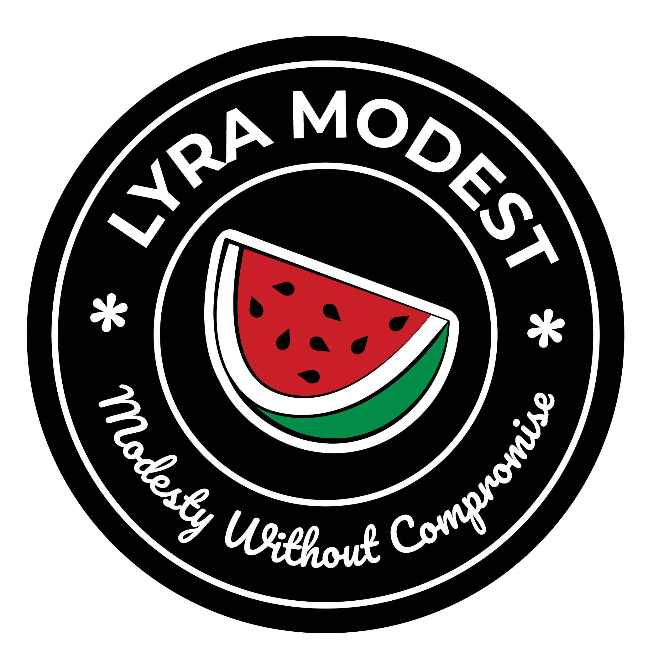 Logo with a watermelon slice in the center and text around it that says 'LYRA MODEST' at the top and 'Modesty Without Compromise' at the bottom, on a black background.