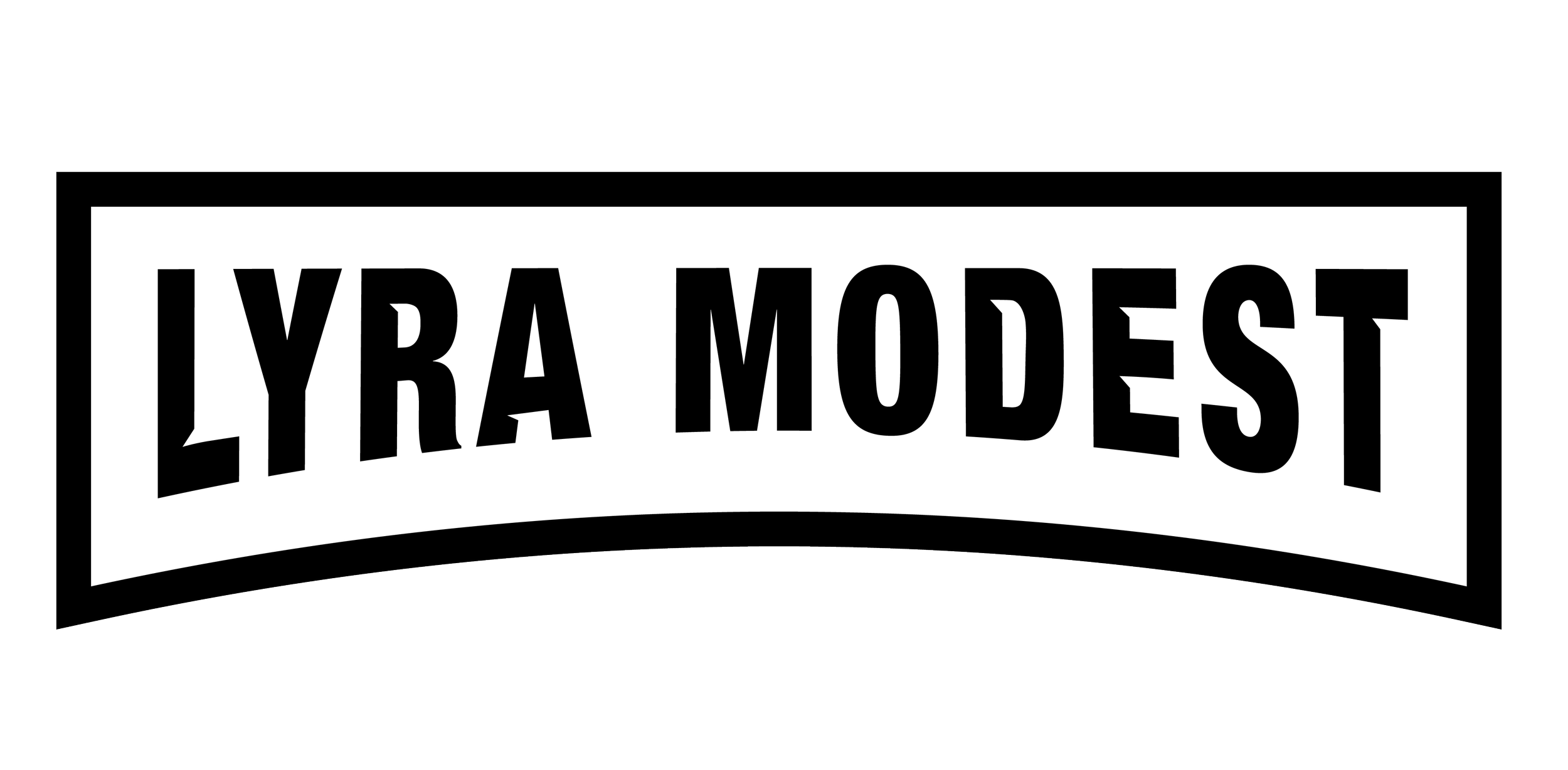 Black and white logo with the words "Lyra Modest" in bold, curved text within a rectangular border.