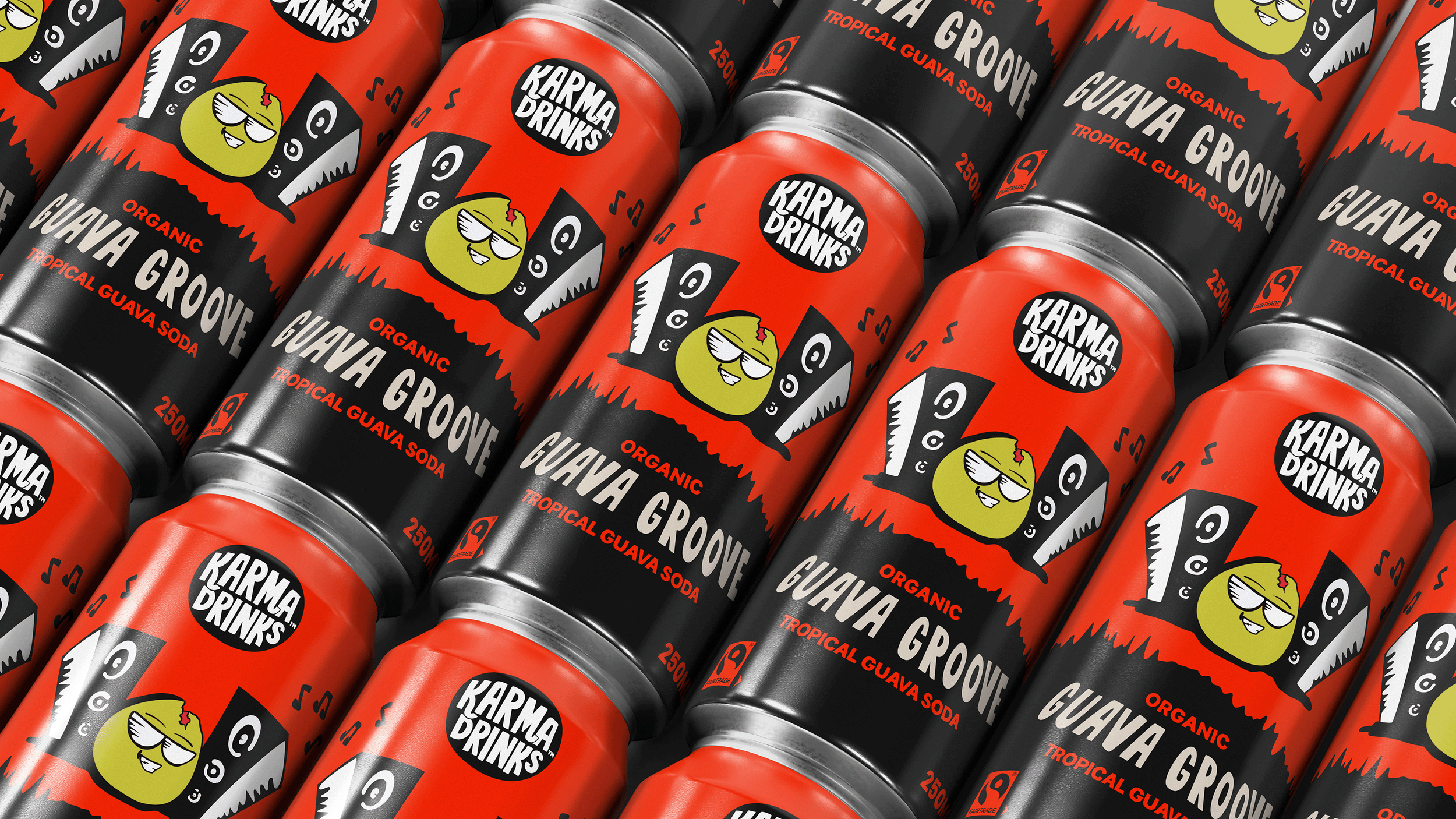 Cans of Karma Drinks organic guava soda in a row with a black, red, and green label design featuring a cartoon guava character with sunglasses and headphones.