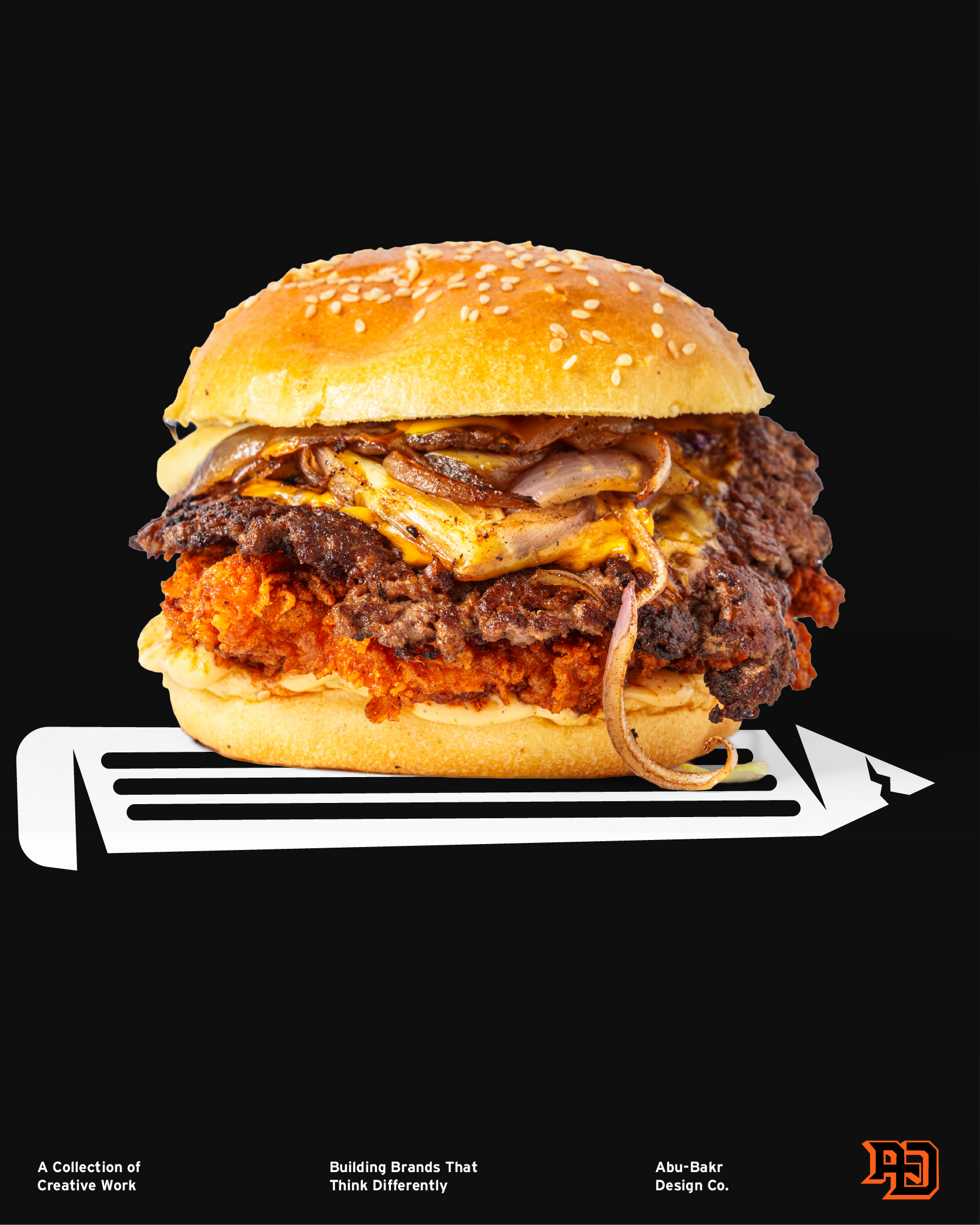 Close-up of a burger with a sesame seed bun, fried chicken patty, cheeseburger beef patty, melted cheese, fried onions, and barbecue sauce, against a black background.