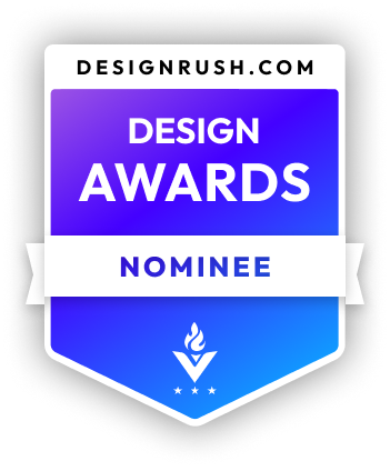 Design Awards badge from DesignRush.com with a purple and blue gradient and white text indicating nominee status.