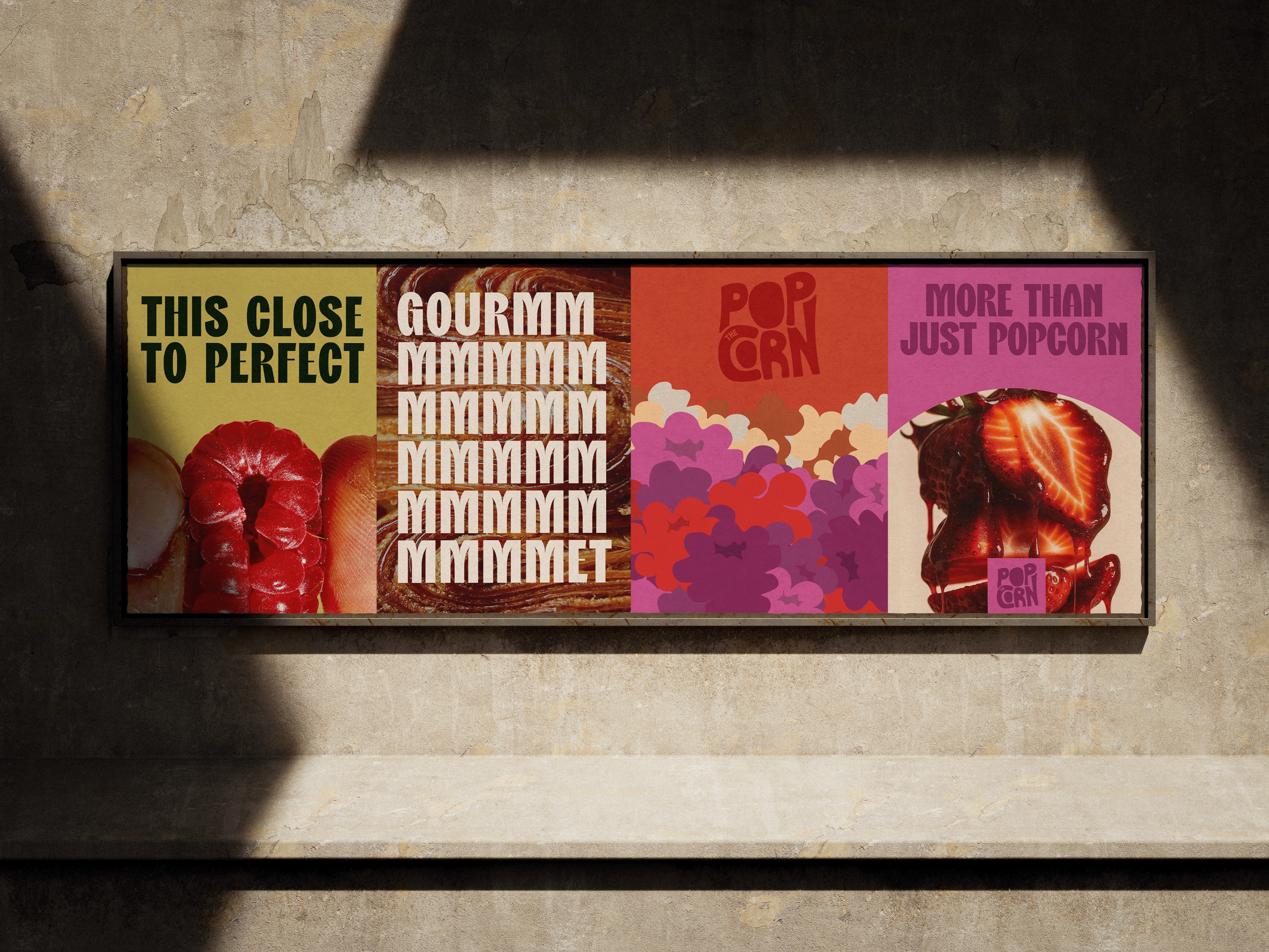 A colorful poster divided into four sections features various advertisements of Pop the Corn, a gourmet french popcorn brand based in france. designed by Abubakr Moolla Brand Designer from East London.