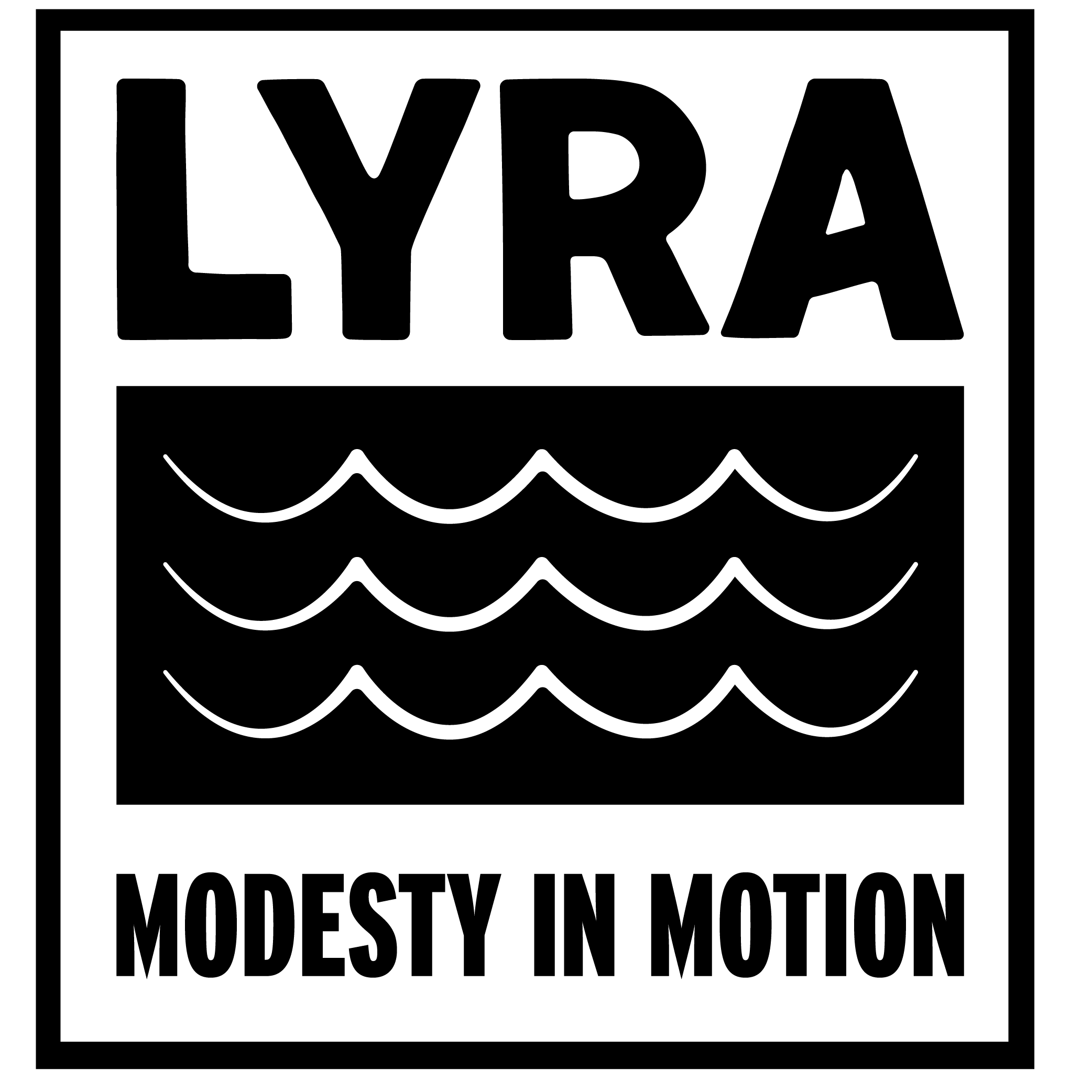 Black and white logo for a fashion brand called 'lyra modest' with the word LYRA at the top, wavy lines in the middle, and the phrase 'MODesty IN MOTION' at the bottom.