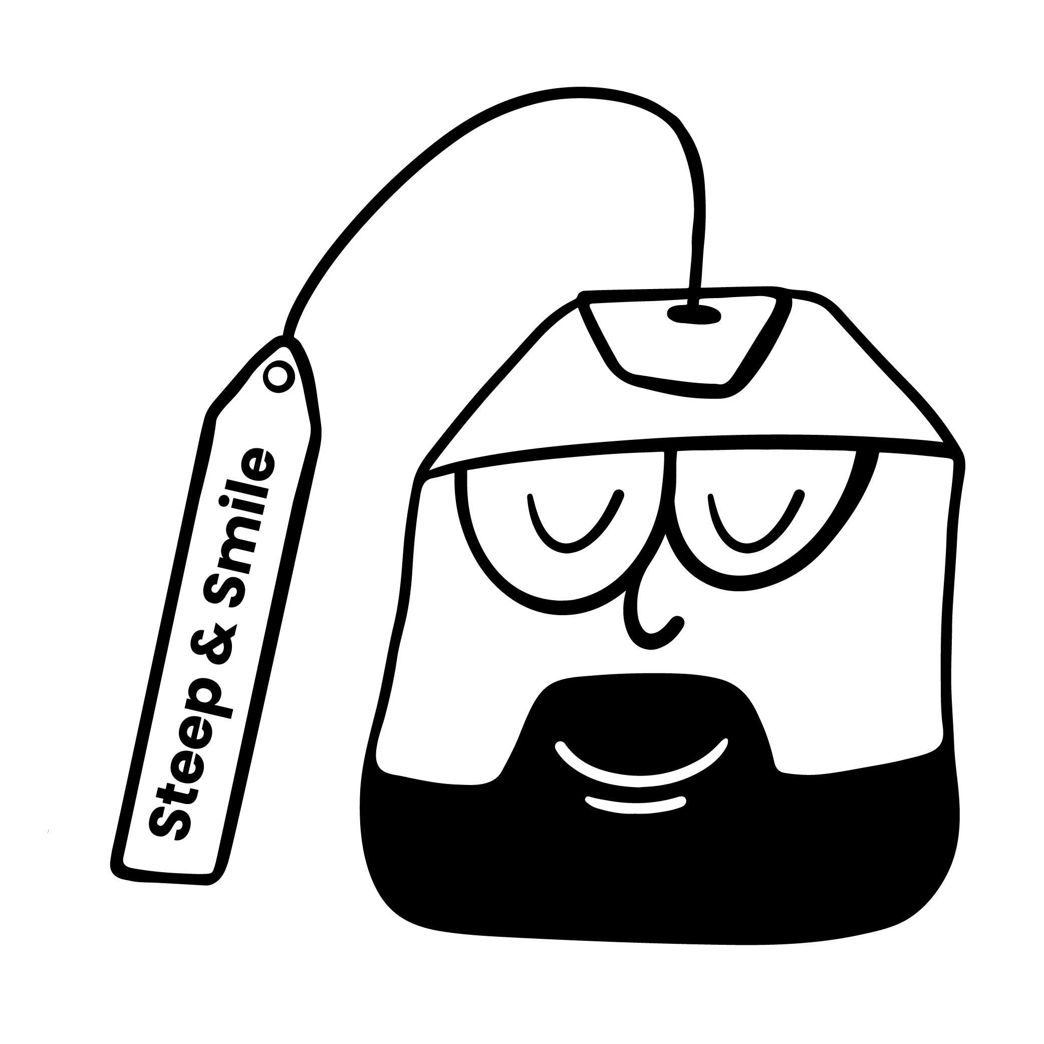 A cartoon drawing for a mental health advocate tea brand called 'Steep and Smile' of a teabag with glasses and a beard,  with a tag that says 'Steep & Smile'.