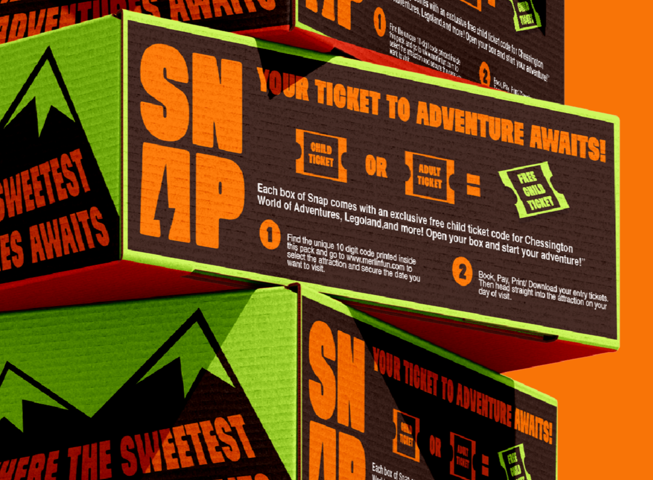Box of Snap game with promotional text about a ticket to adventure, showing a child and adult ticket comparison, and instructions for obtaining free child tickets for Chessington.