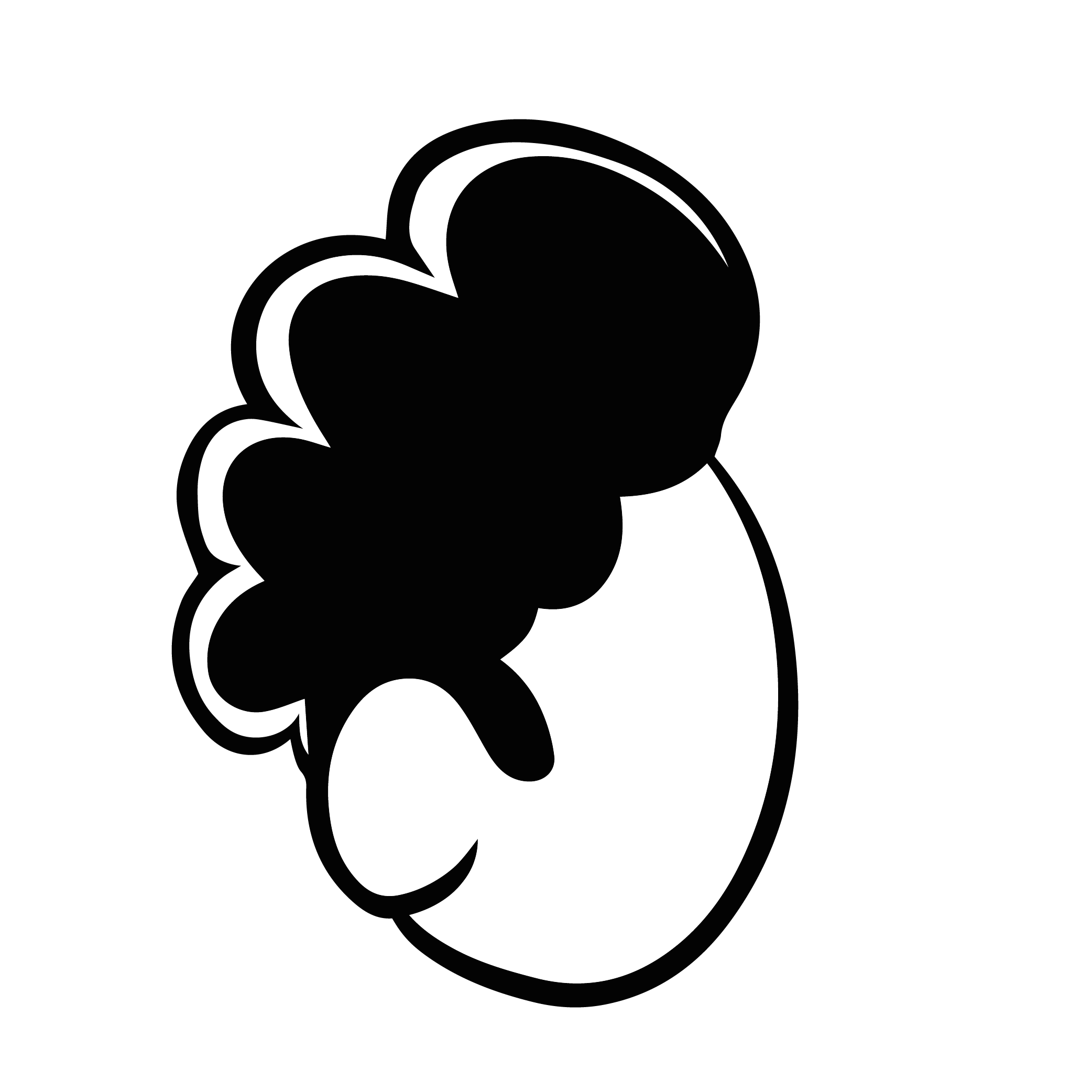 Black and white cartoon-style drawing of a person's face with curly hair and glasses.