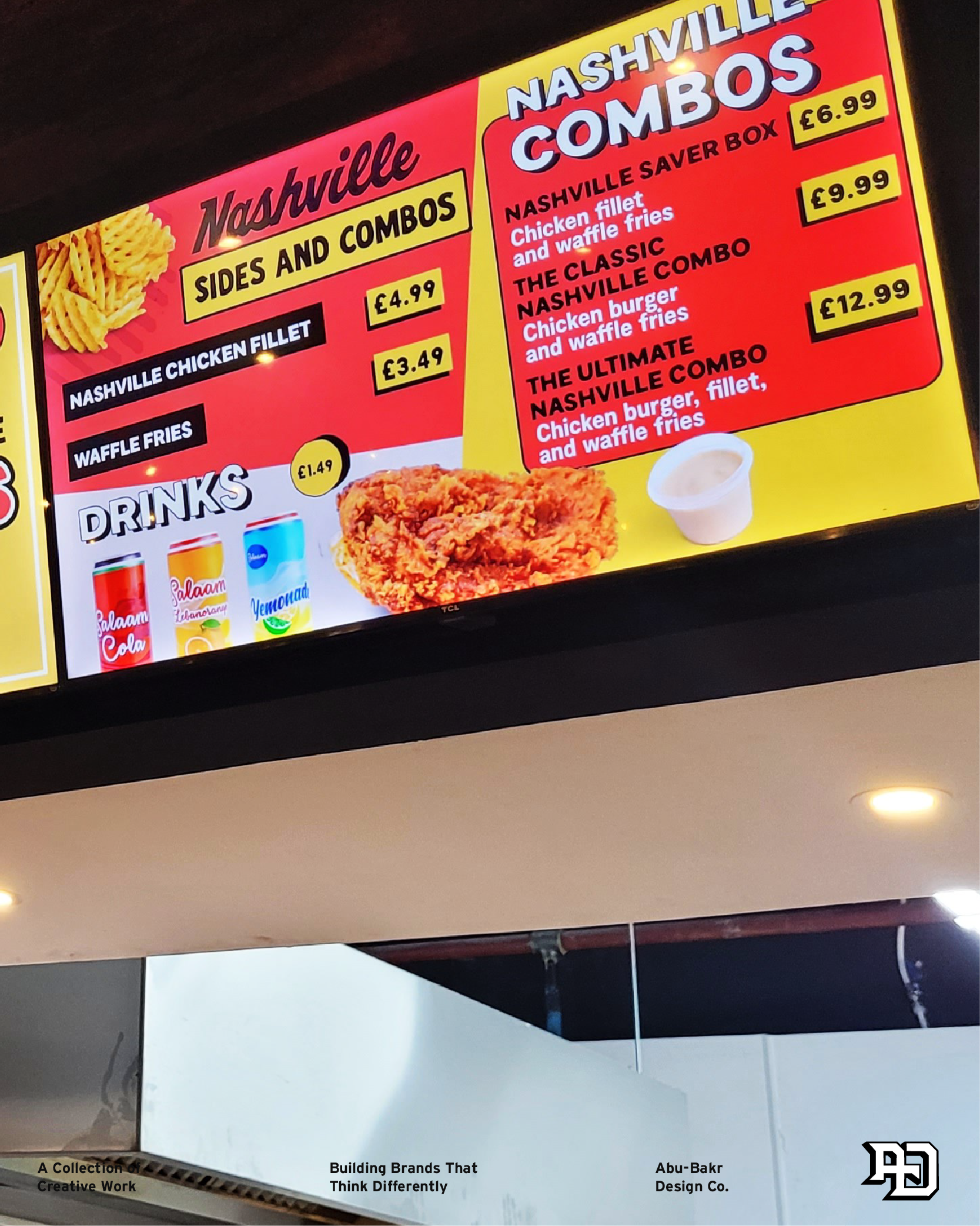 Menu board advertising Nashville-style chicken combos and sides, with prices and a selection of drinks including soda and lemonades.