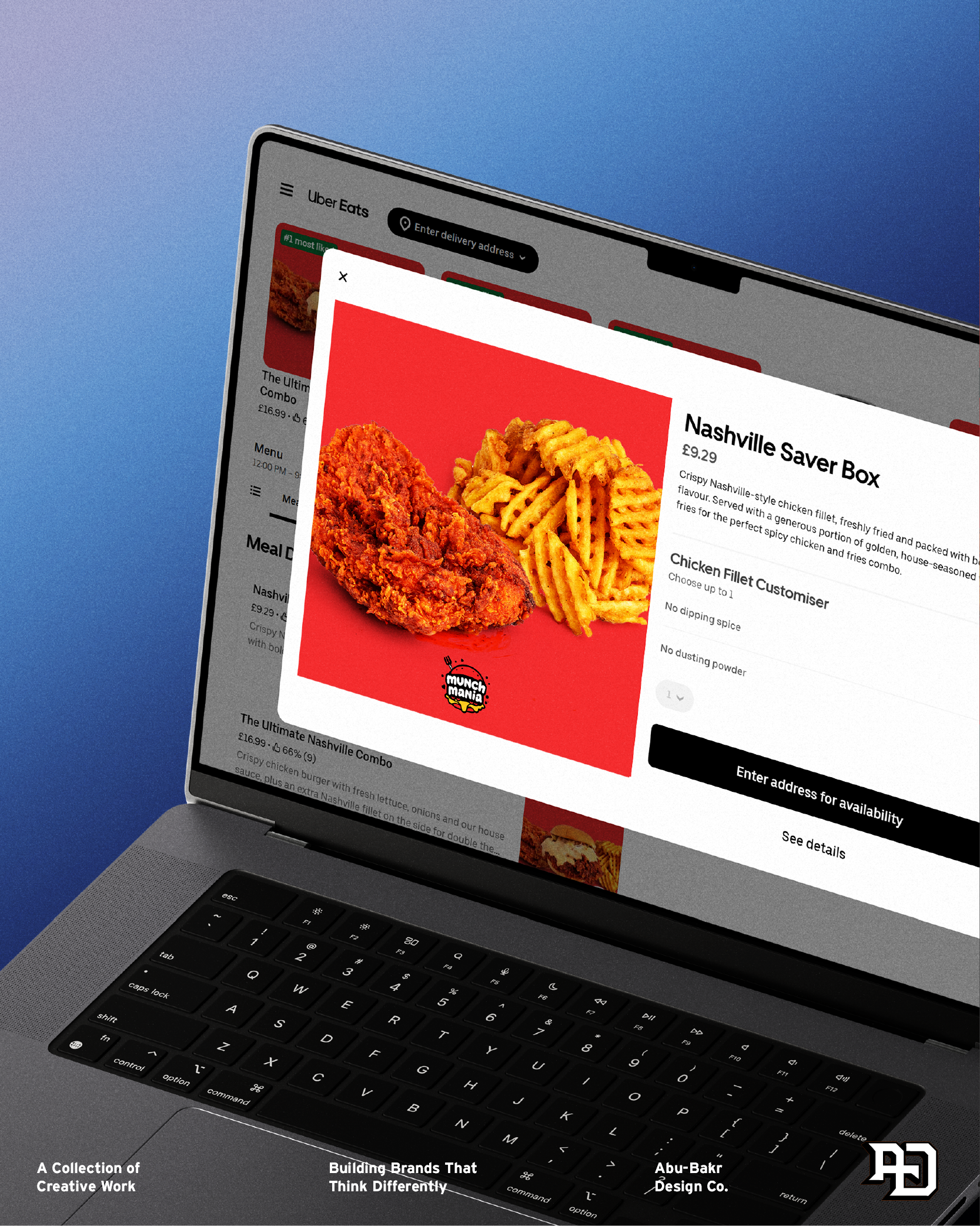 Laptop screen displaying the Uber Eats app with a popup menu featuring a Nashville Saver Box meal of crispy chicken with waffle fries.