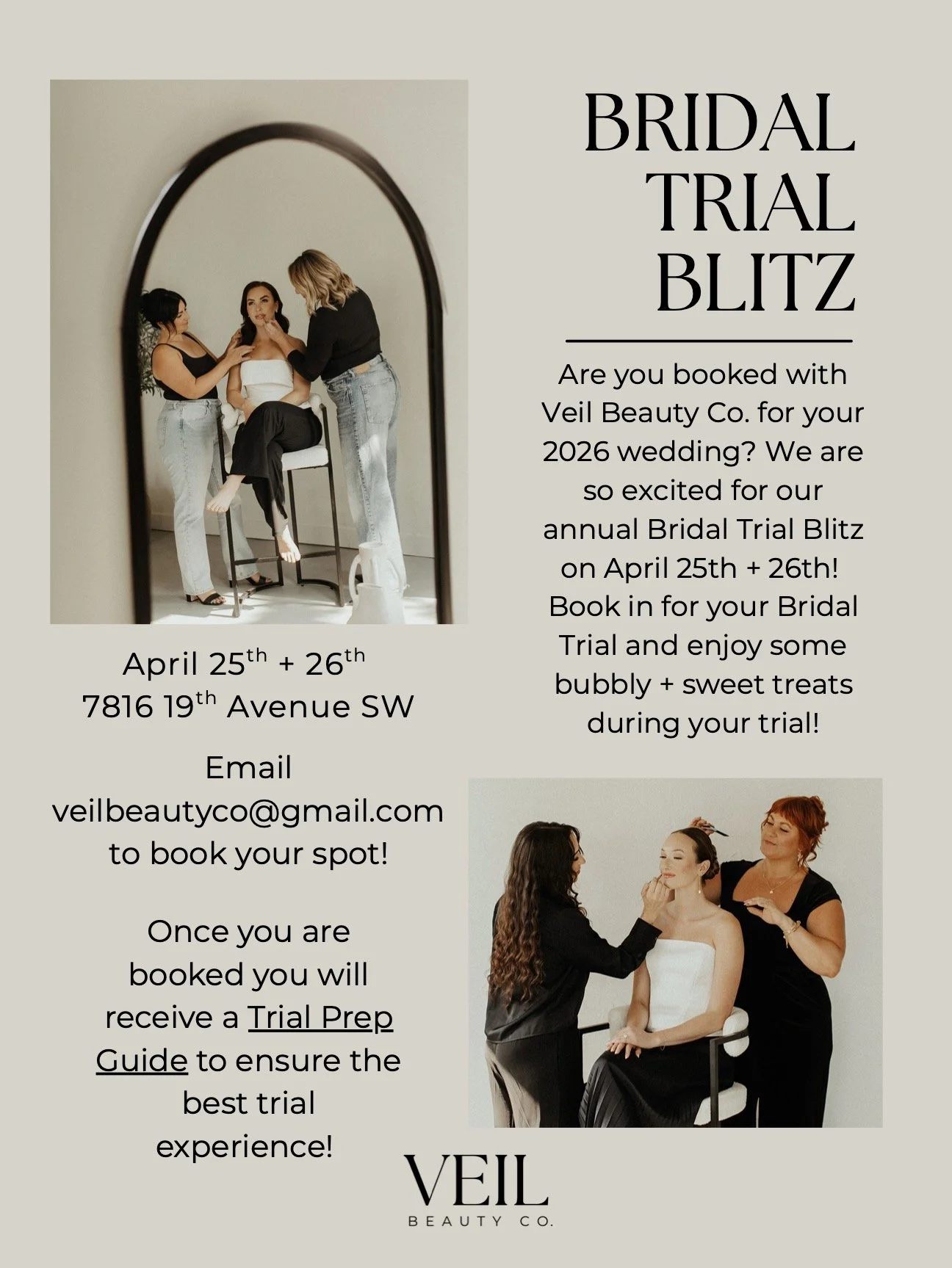 It's finally here! Our annual Bridal Trial Blitz! For all of our brides booked for 2026 check your emails! If you are still looking for your Bridal Glam Team we have very limited availability for 2026 - Email veilbeautyco@gmail.com for your personali