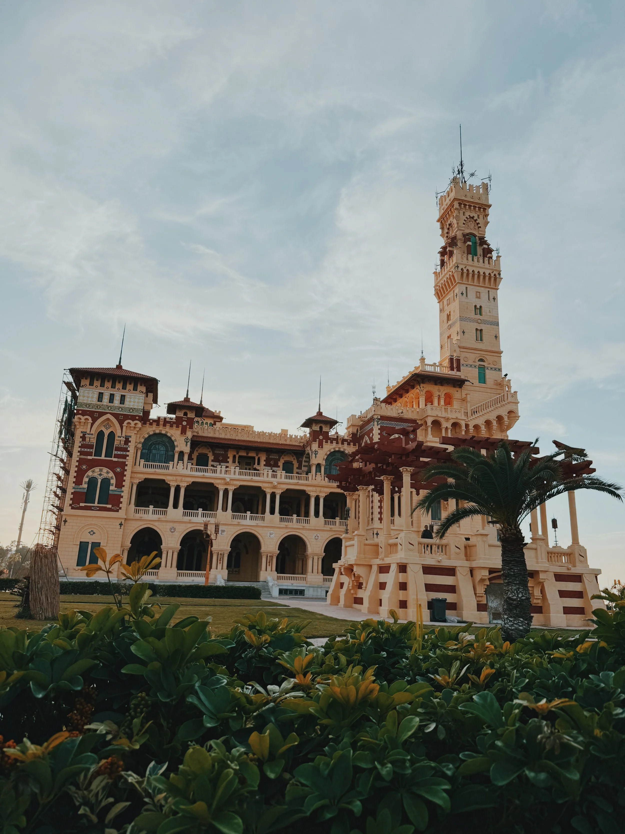 The ornate Montazah Palace and its tall tower rising above the royal gardens in Alexandria.