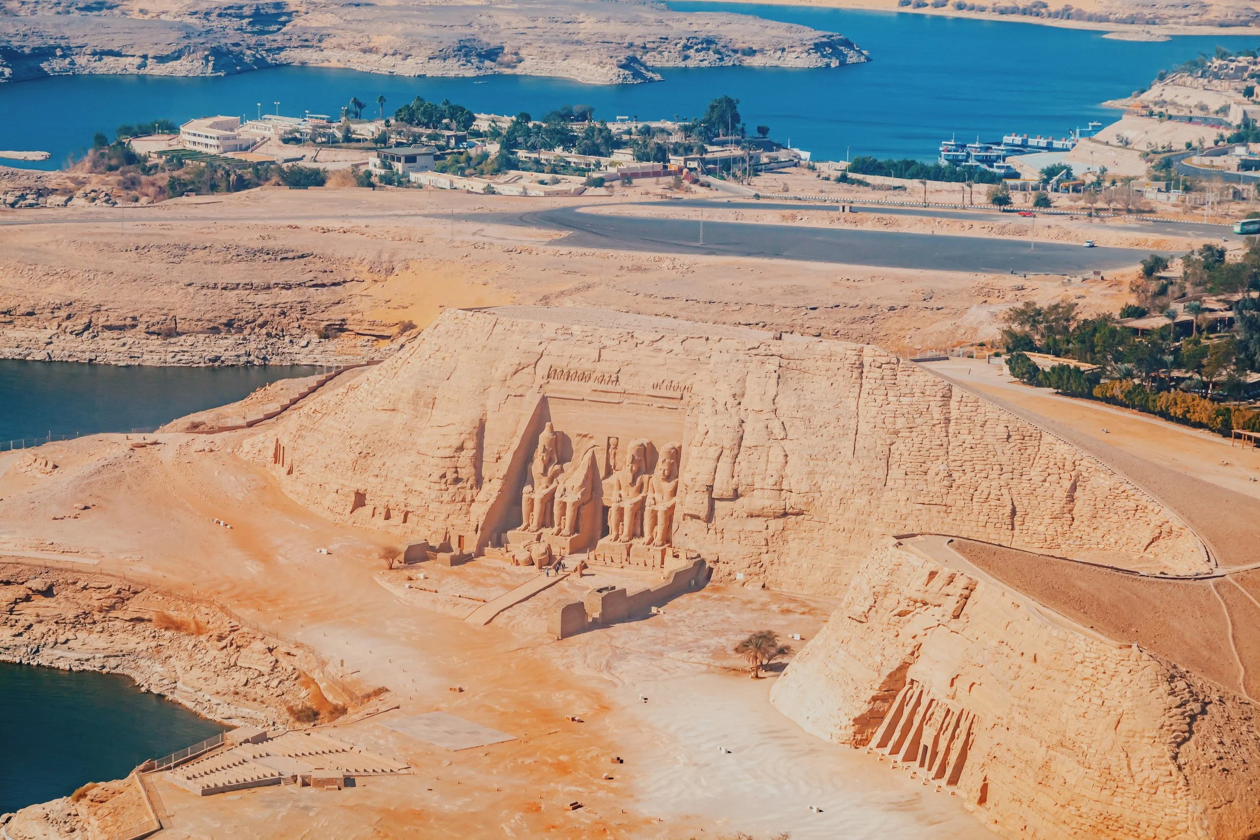 Aerial view of the Great Temple of Ramesses II and the Temple of Nefertari at Abu Simbel, on the shore of Lake Nasser.