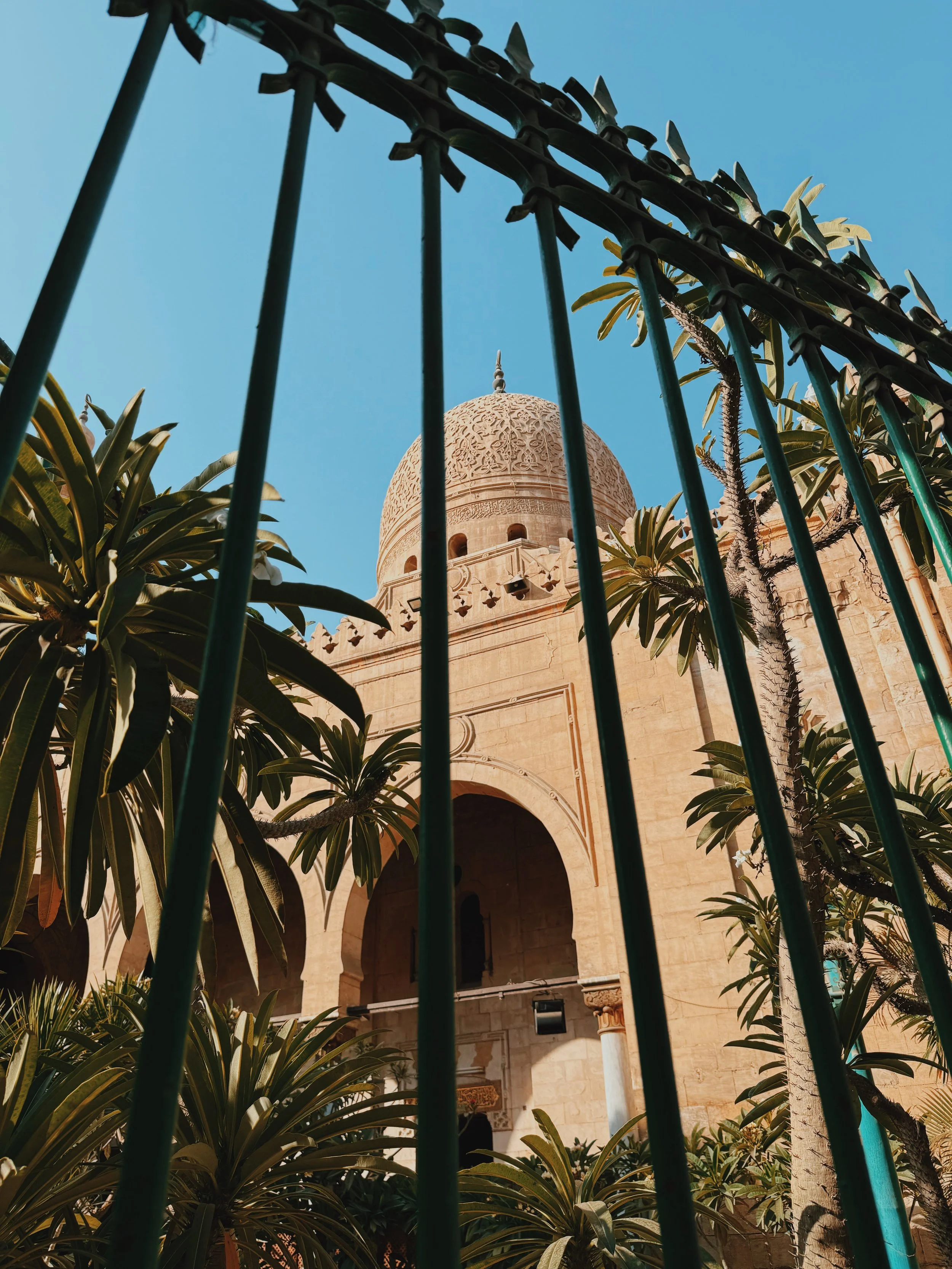 A carved stone Sayyida Sakina Mosque dome in Islamic Cairo, seen through a green iron gate and palm trees