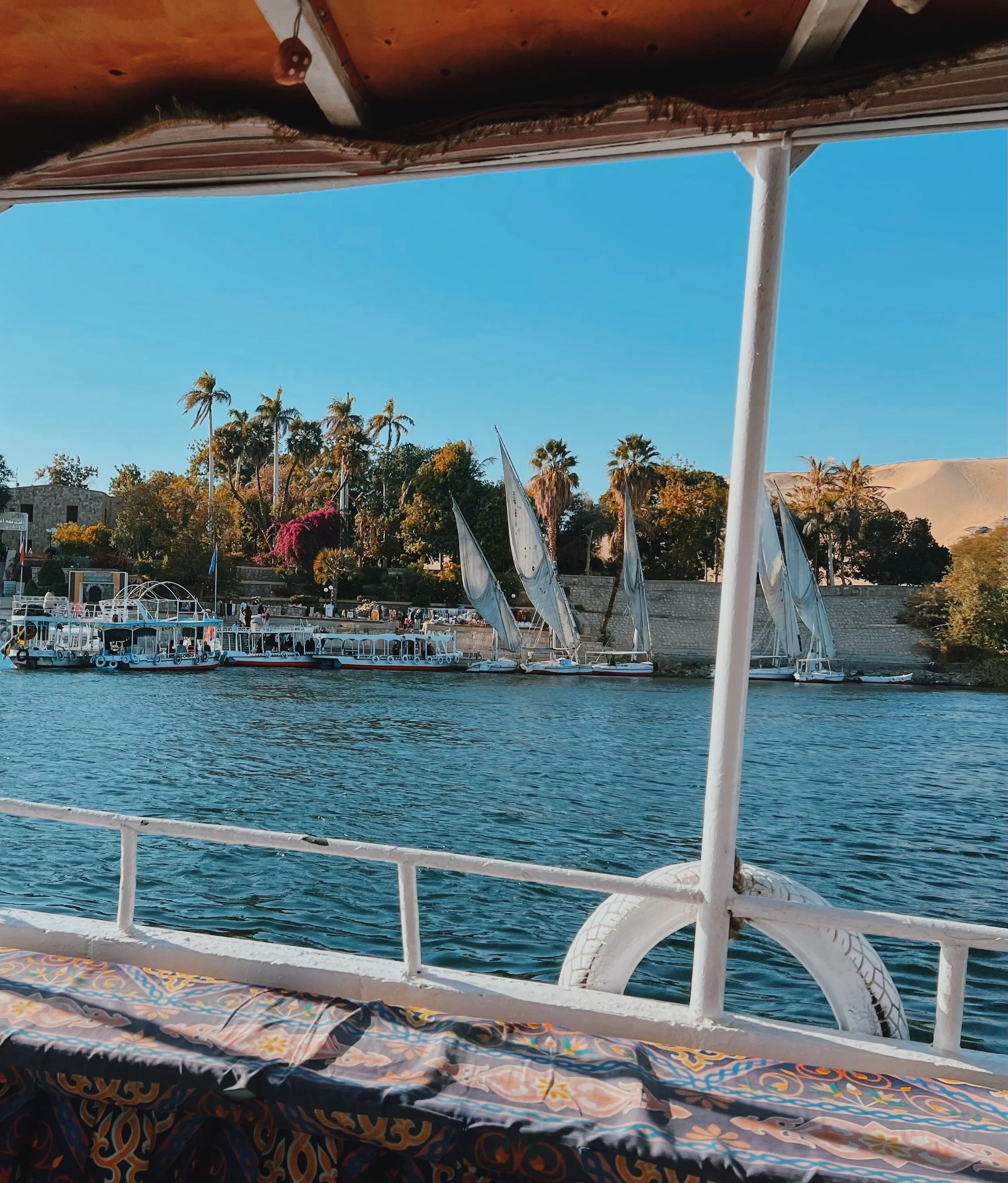 Feluccas moored along a palm-lined riverbank in Aswan, framed by the canopy and railing of a traditional Nile boat