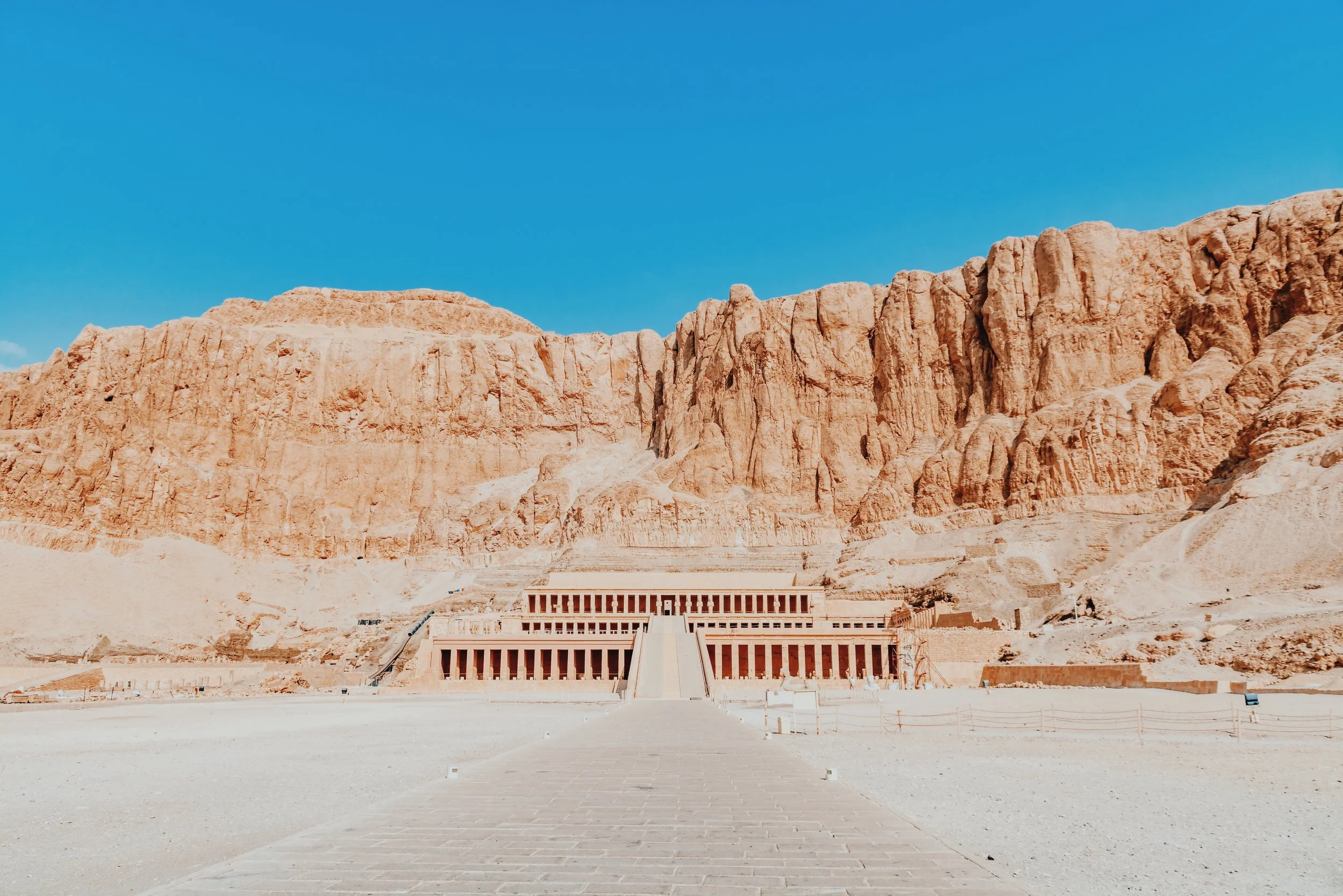 The terraced Temple of Hatshepsut at Deir el-Bahari beneath the towering cliffs of Luxor’s West Bank.