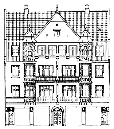 En sort-hvid skitse af en historisk bygning med tårne, balkoner og mange vinduer
