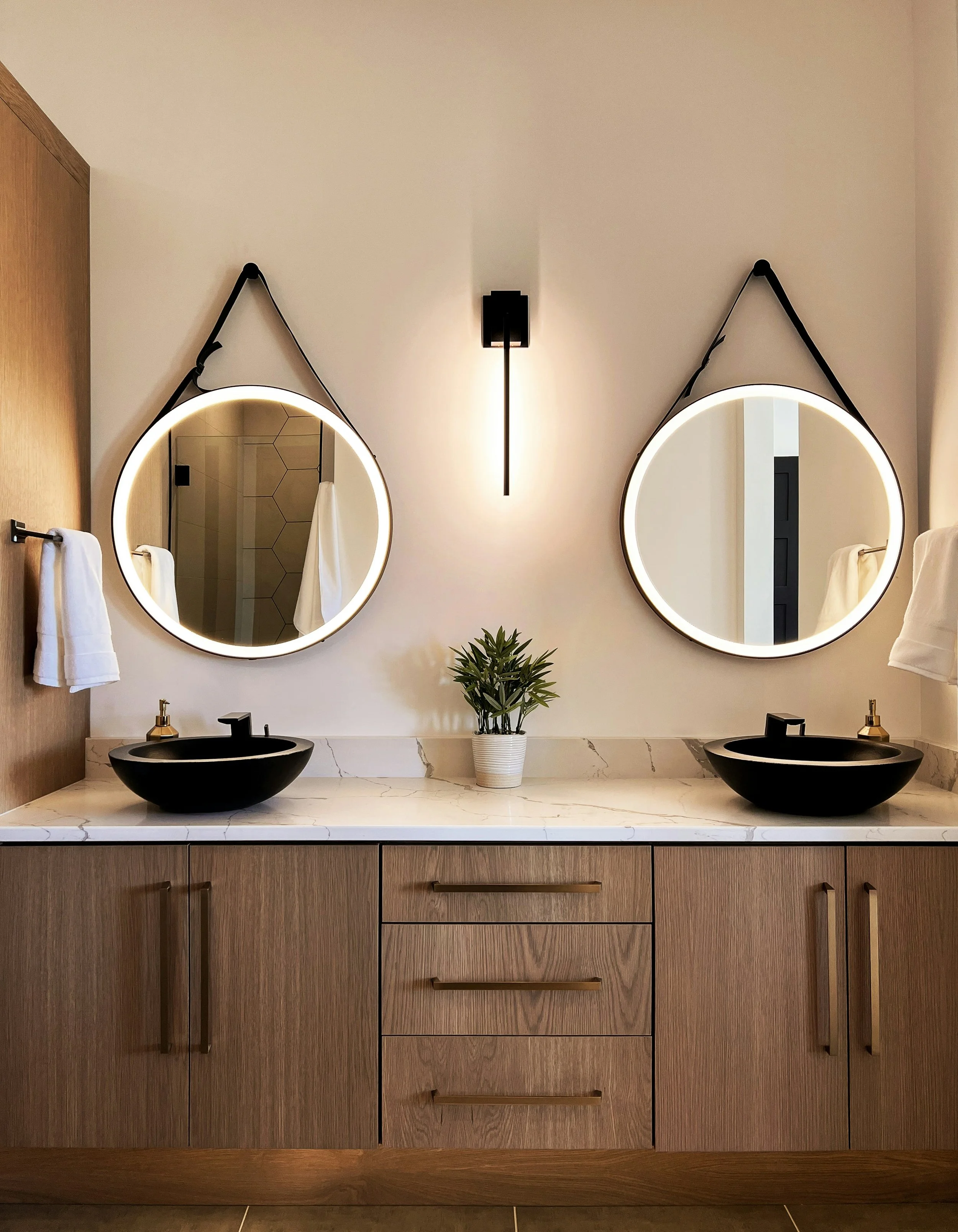 Modern bathroom vanity with two black vessel sinks, round illuminated mirrors, a potted plant in the center, and wooden cabinets with gold handles.