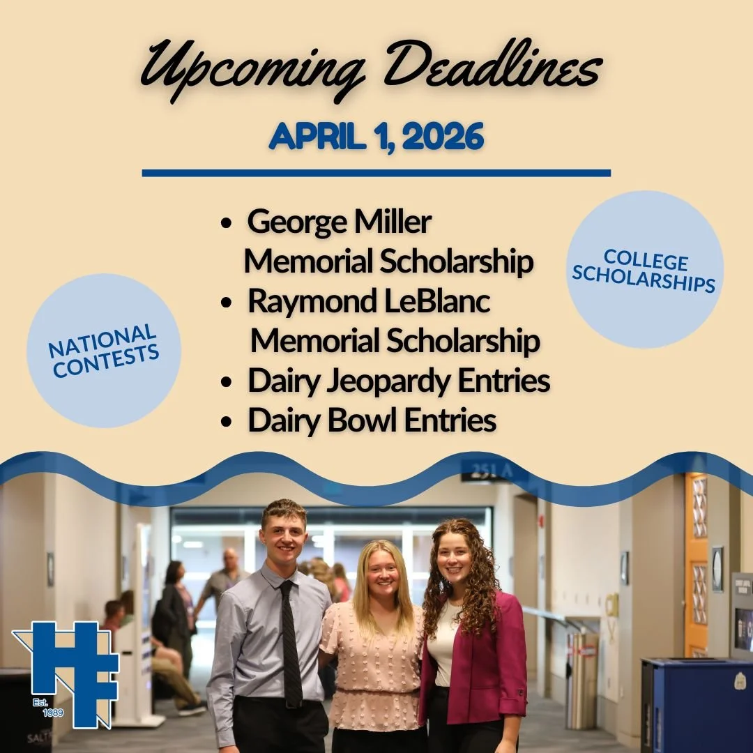 April 1 is the deadline for several Holstein Foundation opportunities!

If you're planning on applying for the George Miller Memorial or Raymond LeBlanc Memorial Scholarships, or participating in the Dairy Jeopardy or Dairy Bowl contests at National 