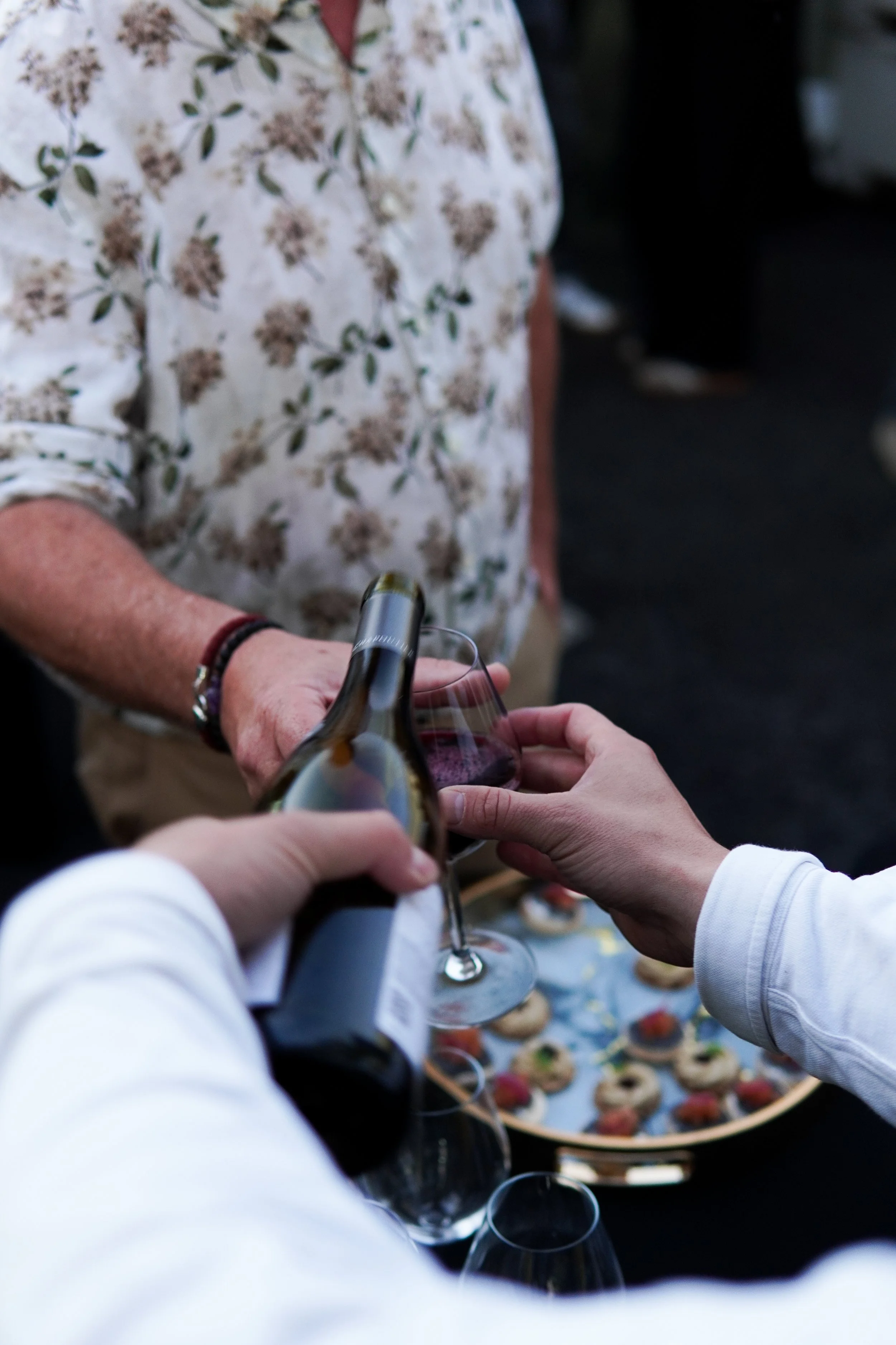 Deux personnes trinquent avec du vin rouge lors d'un rassemblement, avec une assiette de petits amuse-gueules en arrière-plan.