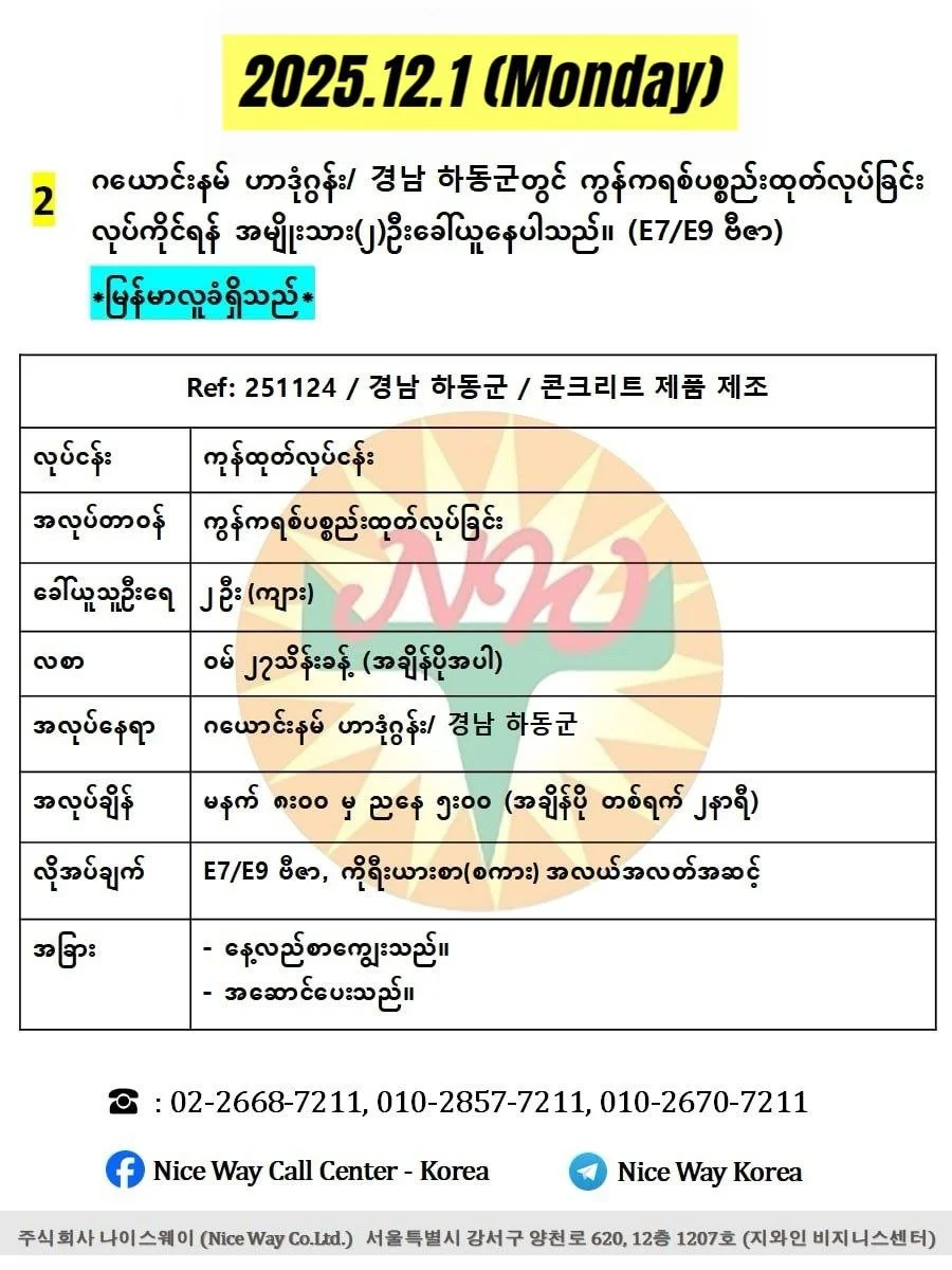 ဂယောင်းနမ် ဟာဒုံဂွန်း/ 경남 하동군 ကွန်ကရစ်ပစ္စည်းထုတ်လုပ်ခြင်းလုပ်ငန်းတွင် လုပ်ကိုင်ရန် အမျိုးသား(၂)ဦးခေါ်ယူနေပါသည်။ (E74/E9 ဗီဇာ)