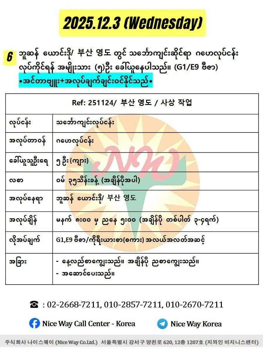 ဘူဆန် ယောင်းဒို/ 부산 영도 တွင် သင်္ဘောကျင်းဆိုင်ရာ ဂဟေလုပ်ငန်း လုပ်ကိုင်ရန် အမျိုးသား (၅)ဦး ခေါ်ယူနေပါသည်။ (G1 ဗီဇာ) 