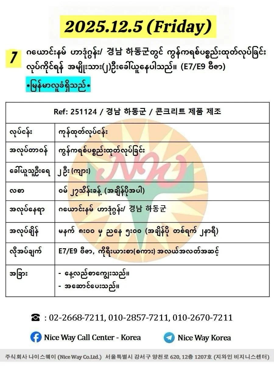 ဂယောင်းနမ် ဟာဒုံဂွန်း/ 경남 하동군 ကွန်ကရစ်ပစ္စည်းထုတ်လုပ်ခြင်းလုပ်ငန်းတွင် လုပ်ကိုင်ရန် အမျိုးသား(၂)ဦးခေါ်ယူနေပါသည်။ (E74/E9 ဗီဇာ)