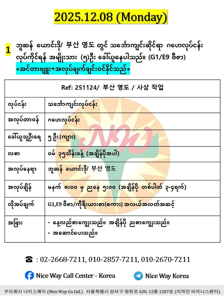 ဘူဆန် ယောင်းဒို/ 부산 영도 တွင် သင်္ဘောကျင်းဆိုင်ရာ ဂဟေလုပ်ငန်း လုပ်ကိုင်ရန် အမျိုးသား (၅)ဦး ခေါ်ယူနေပါသည်။ (G1 ဗီဇာ) 