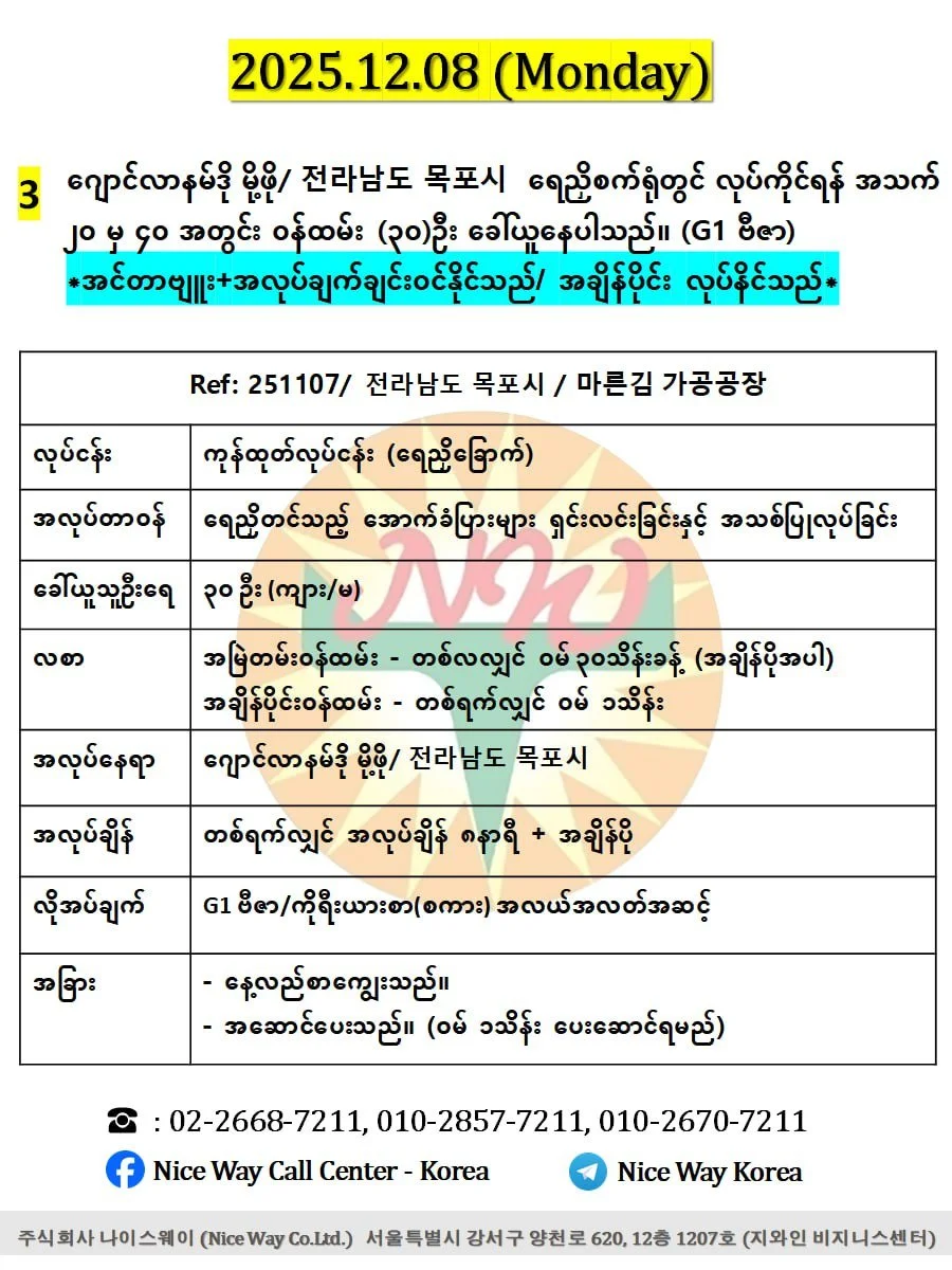 ဂျောင်လာနမ်ဒို မိုဖို/ 전라남도 목포시&nbsp; ရေညှိစက်ရုံတွင် လုပ်ကိုင်ရန် အသက် ၂၀ မှ ၄၀ အတွင်း အမျိုးသမီး/ အမျိုးသား (၃၀)ဦး ခေါ်ယူနေပါသည်။