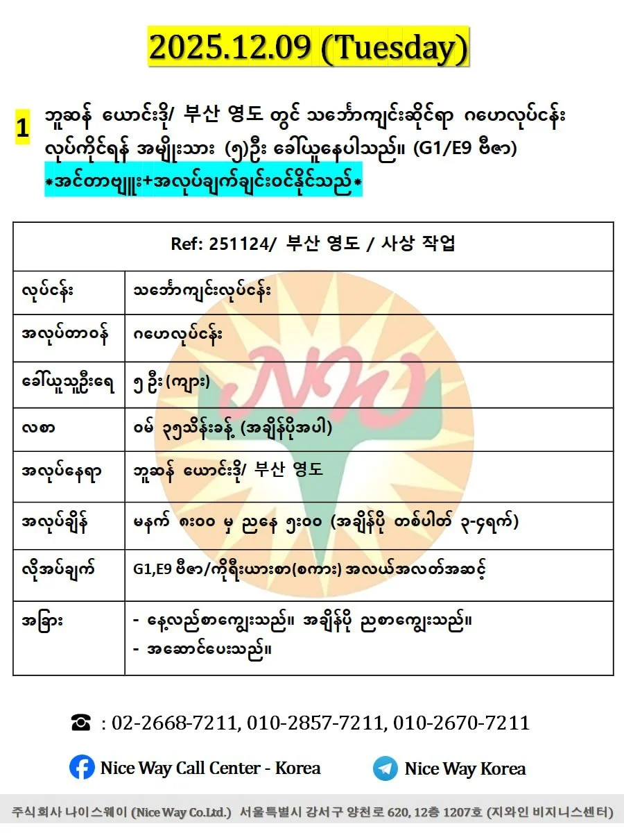 ဘူဆန် ယောင်းဒို/ 부산 영도 တွင် သင်္ဘောကျင်းဆိုင်ရာ ဂဟေလုပ်ငန်း လုပ်ကိုင်ရန် အမျိုးသား (၅)ဦး ခေါ်ယူနေပါသည်။ (G1 ဗီဇာ) 