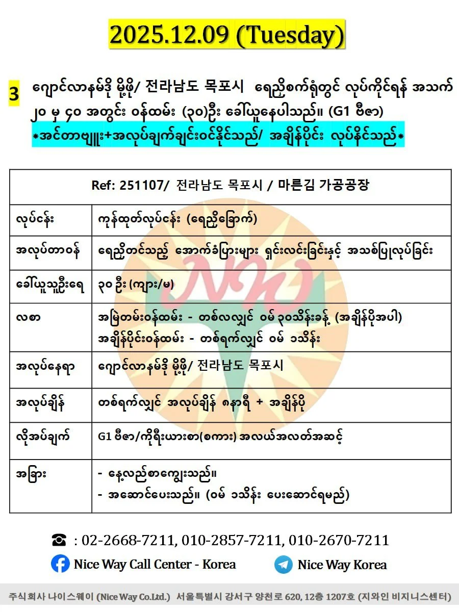 ဂျောင်လာနမ်ဒို မိုဖို/ 전라남도 목포시&nbsp; ရေညှိစက်ရုံတွင် လုပ်ကိုင်ရန် အသက် ၂၀ မှ ၄၀ အတွင်း အမျိုးသမီး/ အမျိုးသား (၃၀)ဦး ခေါ်ယူနေပါသည်။