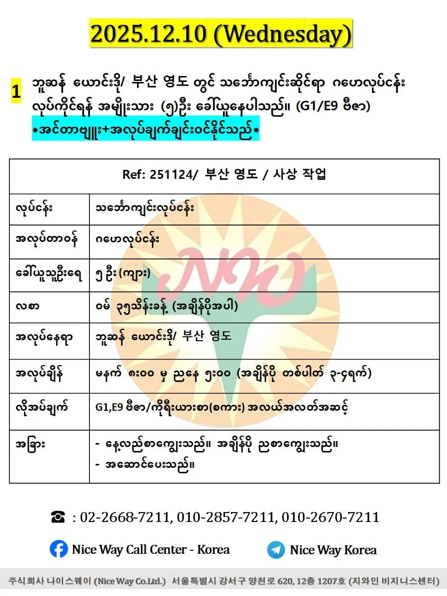 ဘူဆန် ယောင်းဒို/ 부산 영도 တွင် သင်္ဘောကျင်းဆိုင်ရာ ဂဟေလုပ်ငန်း လုပ်ကိုင်ရန် အမျိုးသား (၅)ဦး ခေါ်ယူနေပါသည်။ (G1 ဗီဇာ) 
