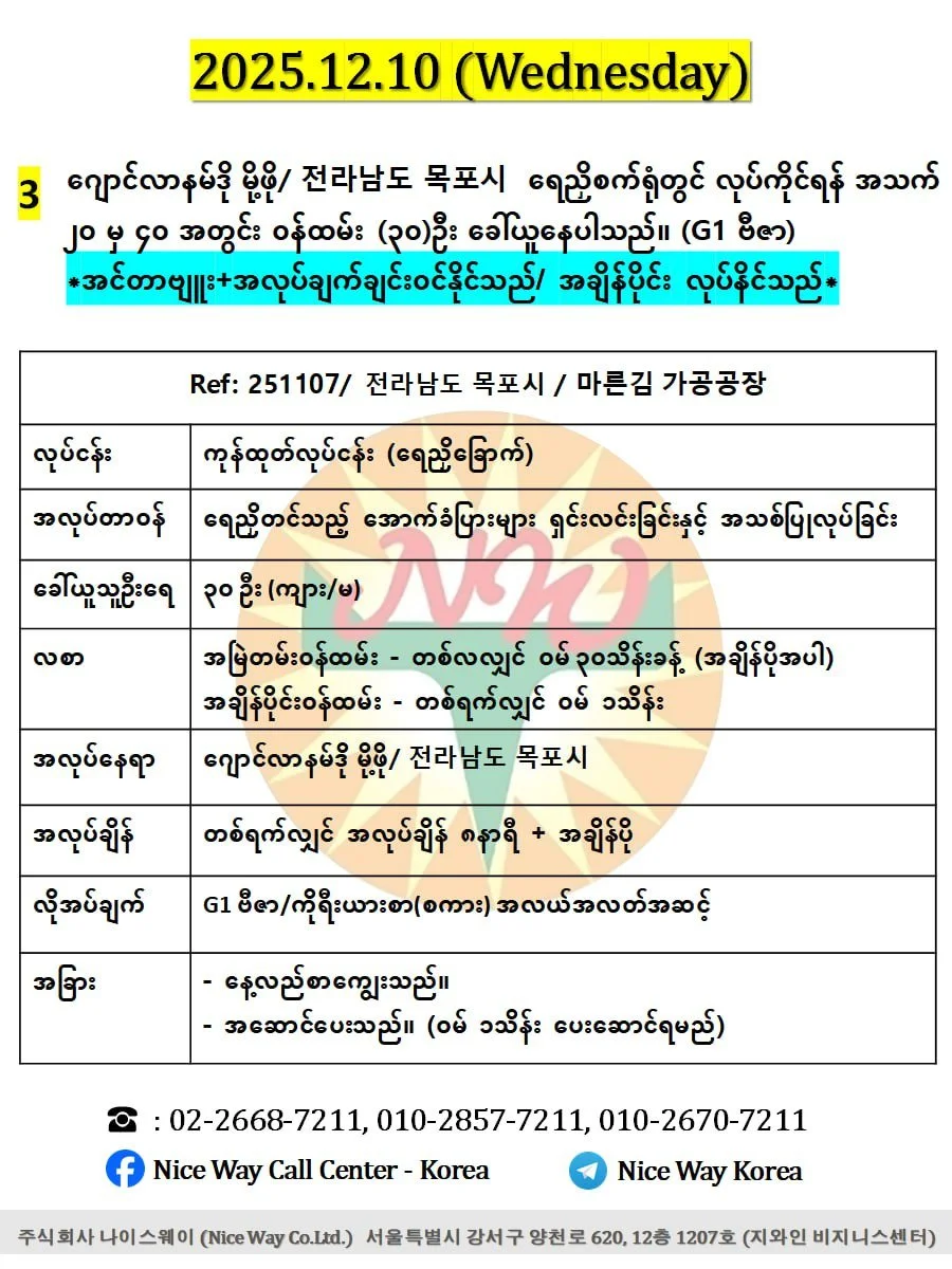 ဂျောင်လာနမ်ဒို မိုဖို/ 전라남도 목포시&nbsp; ရေညှိစက်ရုံတွင် လုပ်ကိုင်ရန် အသက် ၂၀ မှ ၄၀ အတွင်း အမျိုးသမီး/ အမျိုးသား (၃၀)ဦး ခေါ်ယူနေပါသည်။