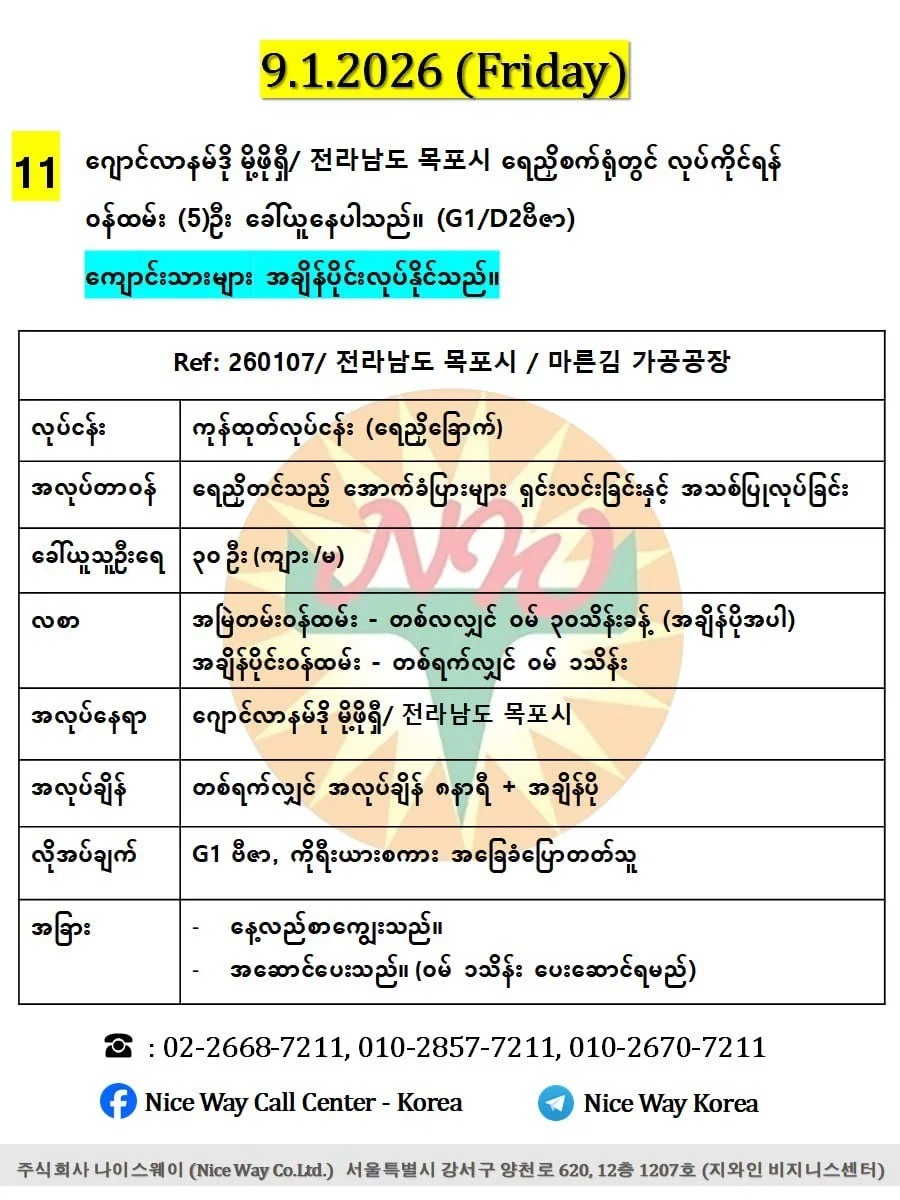 ဂျောင်လာနမ်ဒို မိုဖို/ 전라남도 목포시  ရေညှိစက်ရုံတွင် လုပ်ကိုင်ရန် အသက် ၂၀ မှ ၄၀ အတွင်း အမျိုးသမီး/ အမျိုးသား (၅)ဦး ခေါ်ယူနေပါသည်။