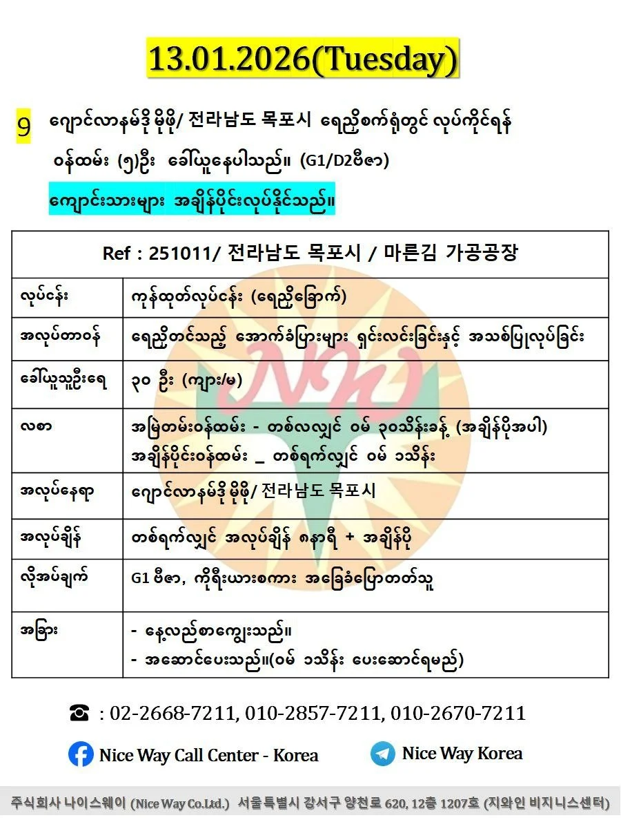 ဂျောင်လာနမ်ဒို မိုဖို/ 전라남도 목포시  ရေညှိစက်ရုံတွင် လုပ်ကိုင်ရန် အသက် ၂၀ မှ ၄၀ အတွင်း အမျိုးသမီး/ အမျိုးသား (၅)ဦး ခေါ်ယူနေပါသည်။