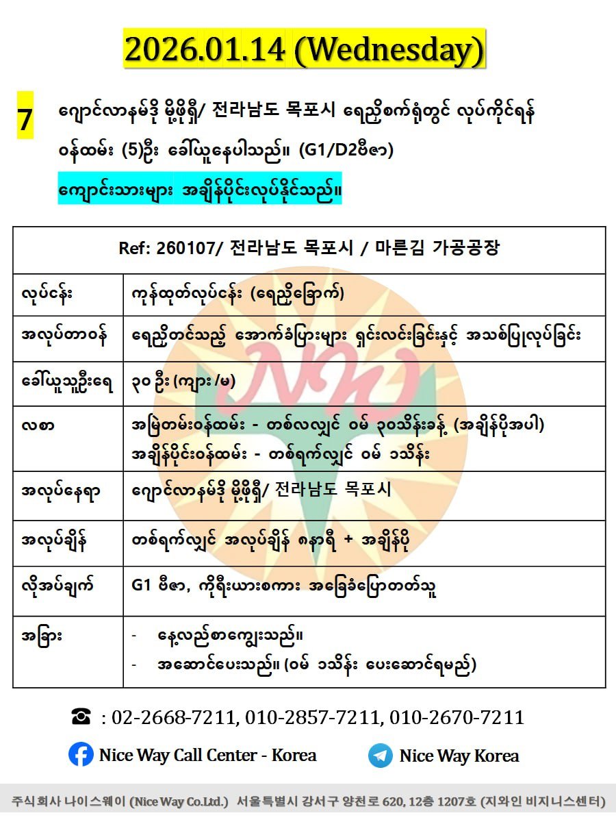 ဂျောင်လာနမ်ဒို မိုဖို/ 전라남도 목포시  ရေညှိစက်ရုံတွင် လုပ်ကိုင်ရန် အသက် ၂၀ မှ ၄၀ အတွင်း အမျိုးသမီး/ အမျိုးသား (၅)ဦး ခေါ်ယူနေပါသည်။