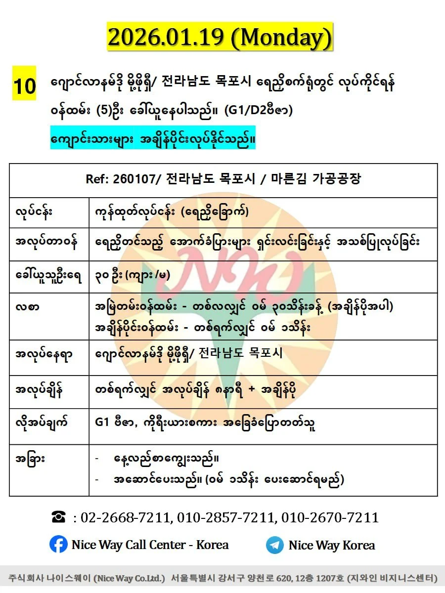 ဂျောင်လာနမ်ဒို မိုဖို/ 전라남도 목포시  ရေညှိစက်ရုံတွင် လုပ်ကိုင်ရန် အသက် ၂၀ မှ ၄၀ အတွင်း အမျိုးသမီး/ အမျိုးသား (၅)ဦး ခေါ်ယူနေပါသည်။