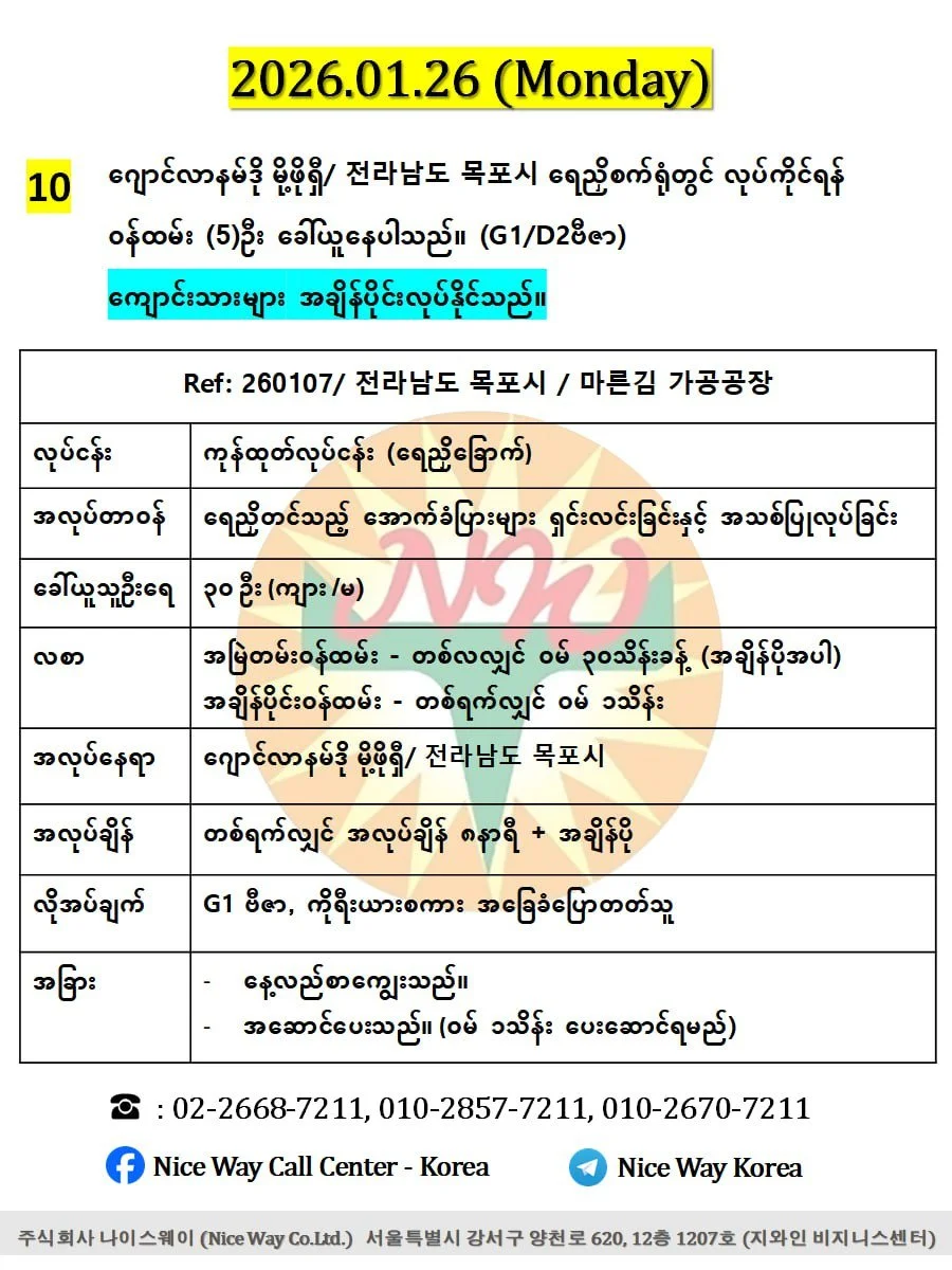 ဂျောင်လာနမ်ဒို မိုဖို/ 전라남도 목포시  ရေညှိစက်ရုံတွင် လုပ်ကိုင်ရန် အသက် ၂၀ မှ ၄၀ အတွင်း အမျိုးသမီး/ အမျိုးသား (၅)ဦး ခေါ်ယူနေပါသည်။