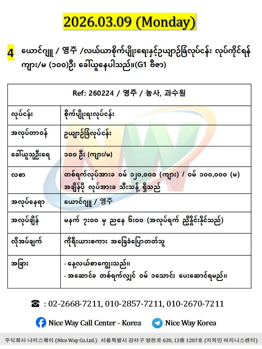 ယောင်ဂျူ / 영주 /လယ်ယာစိုက်ပျိုးရေးနှင့်ဥယျာဉ်ခြံလုပ်ငန်း လုပ်ကိုင်ရန် ကျား/မ (၁၀၀)ဦး ခေါ်ယူနေပါသည်။(G1 ဗီဇာ)