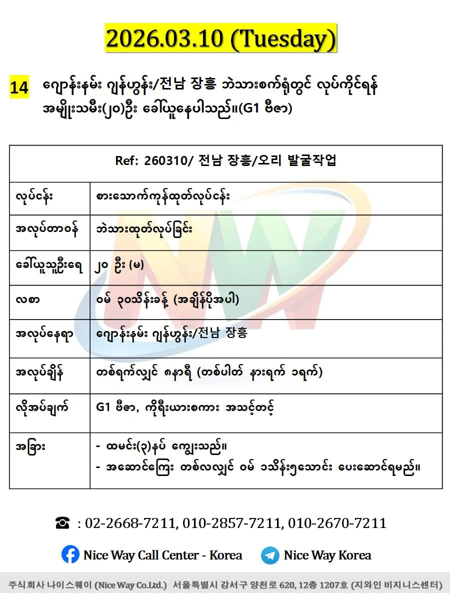 ဂျောန်းနမ်း ဂျန်ဟွန်း/전남 장흥 ဘဲသားစက်ရုံတွင် လုပ်ကိုင်ရန် အမျိုးသမီး(၂၀)ဦး ခေါ်ယူနေပါသည်။(G1 ဗီဇာ)