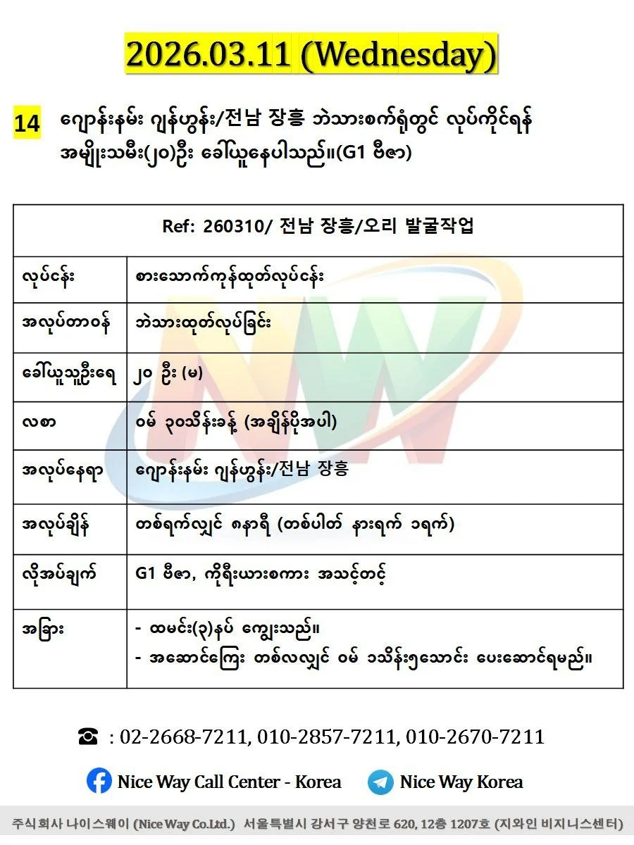 ဂျောန်းနမ်း ဂျန်ဟွန်း/전남 장흥 ဘဲသားစက်ရုံတွင် လုပ်ကိုင်ရန် အမျိုးသမီး(၂၀)ဦး ခေါ်ယူနေပါသည်။(G1 ဗီဇာ)