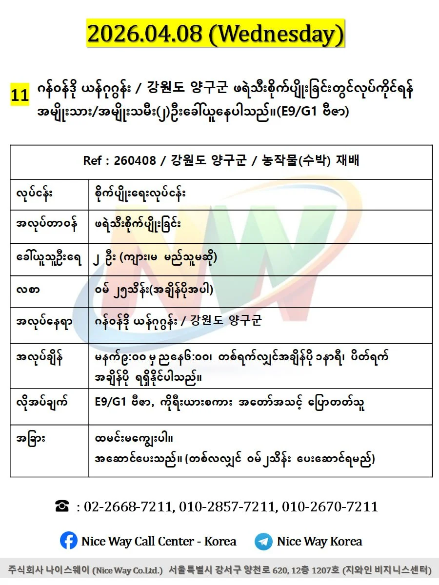 ဂန်ဝန်ဒို ယန်ဂုဂွန်း / 강원도 양구군 ဖရဲသီးစိုက်ပျိုးခြင်းတွင်လုပ်ကိုင်ရန် အမျိုးသား/အမျိုးသမီး(၂)ဦးခေါ်ယူနေပါသည်။(E9/G1 ဗီဇာ)