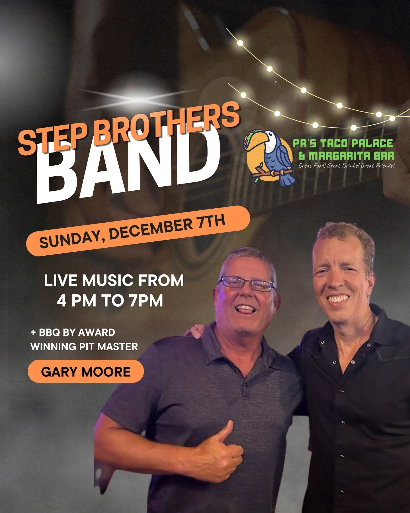 Come join us for some live music at PR&rsquo;s Taco Palace this Sunday December 7th from 4-7pm! There will also be BBQ by award winning pit master Gary Moore. See you there!