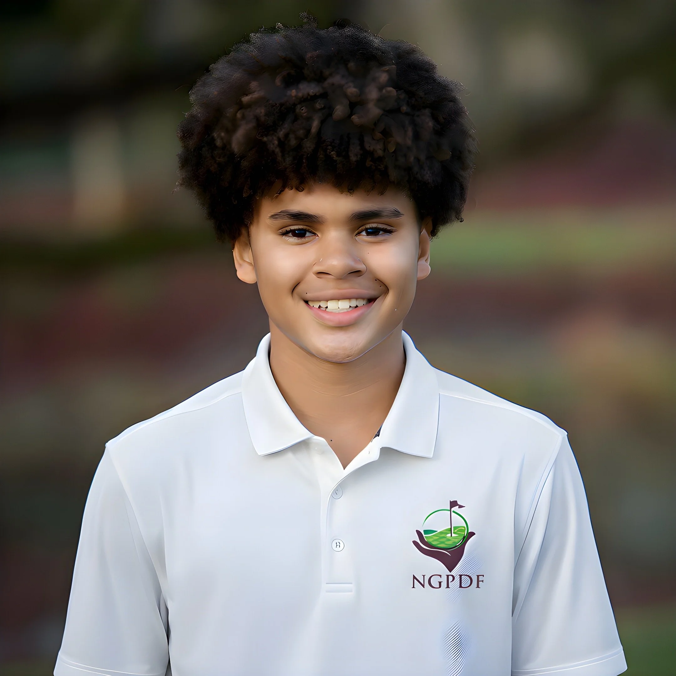 Young boy with curly hair smiling, wearing a blue polo shirt with a golf league logo, standing outside in a green field.