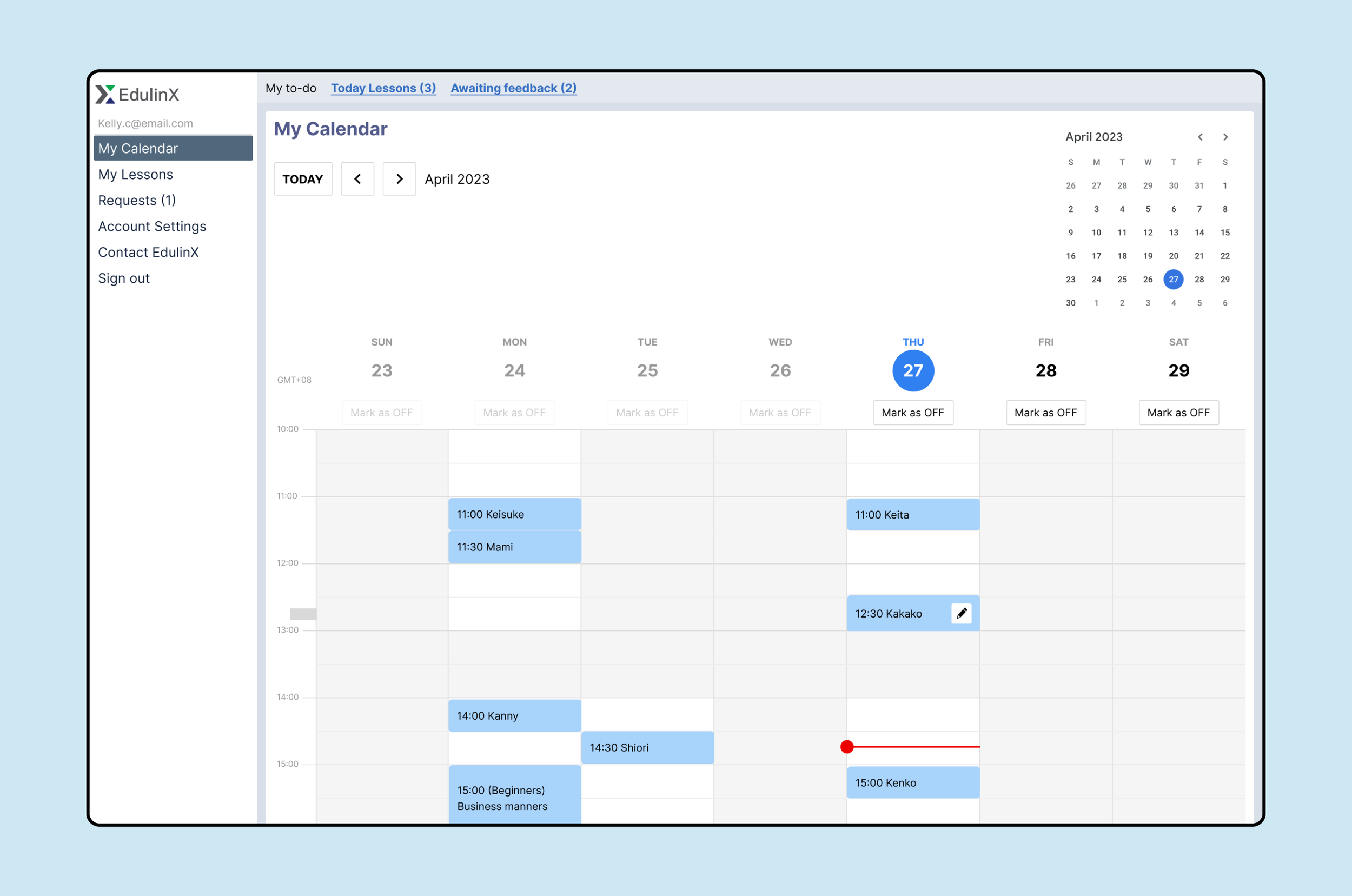 Teacher calendar view to check lessons
